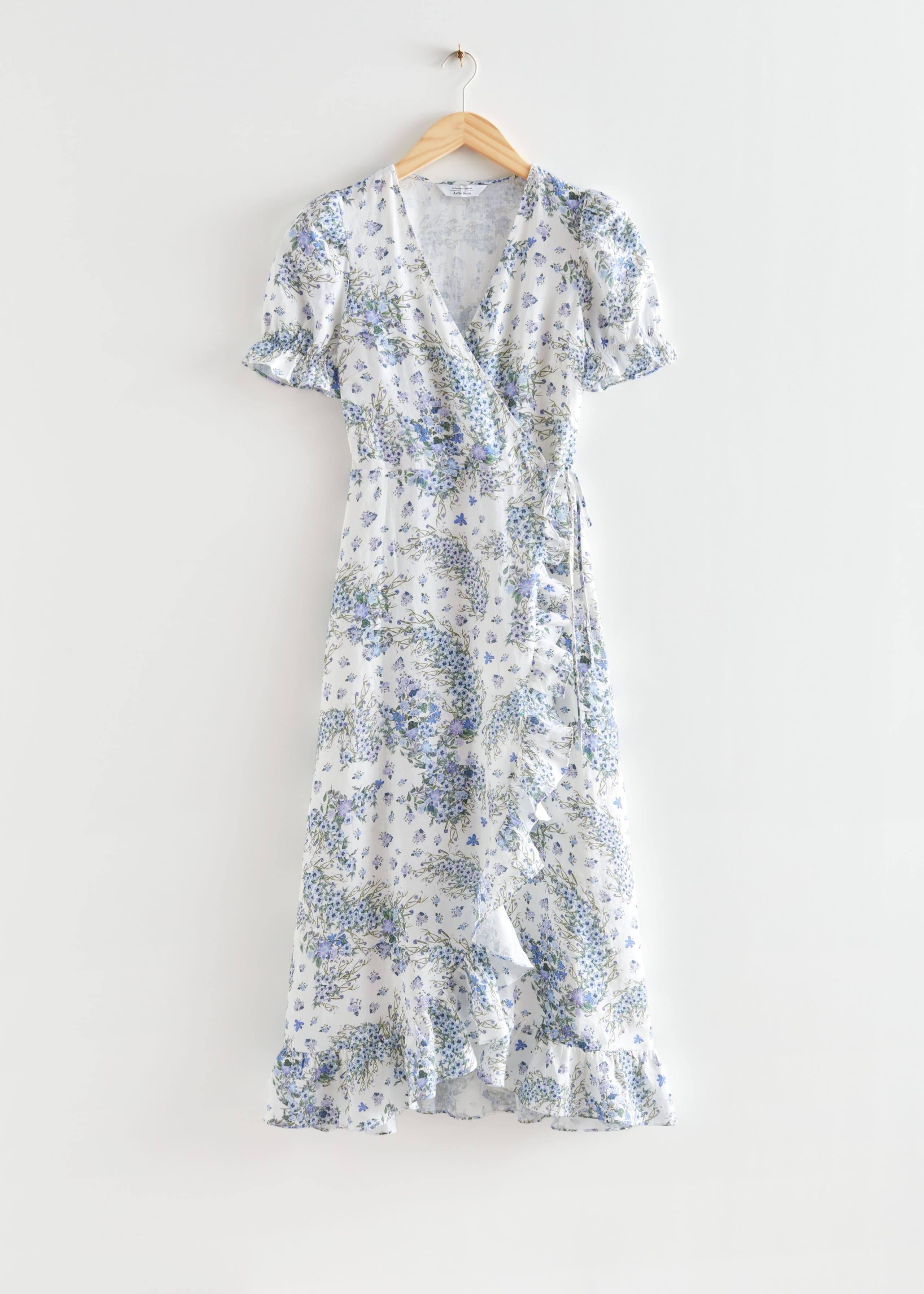 Vestido cruzado midi de lino - Estampado floral amarillo - Bodegón