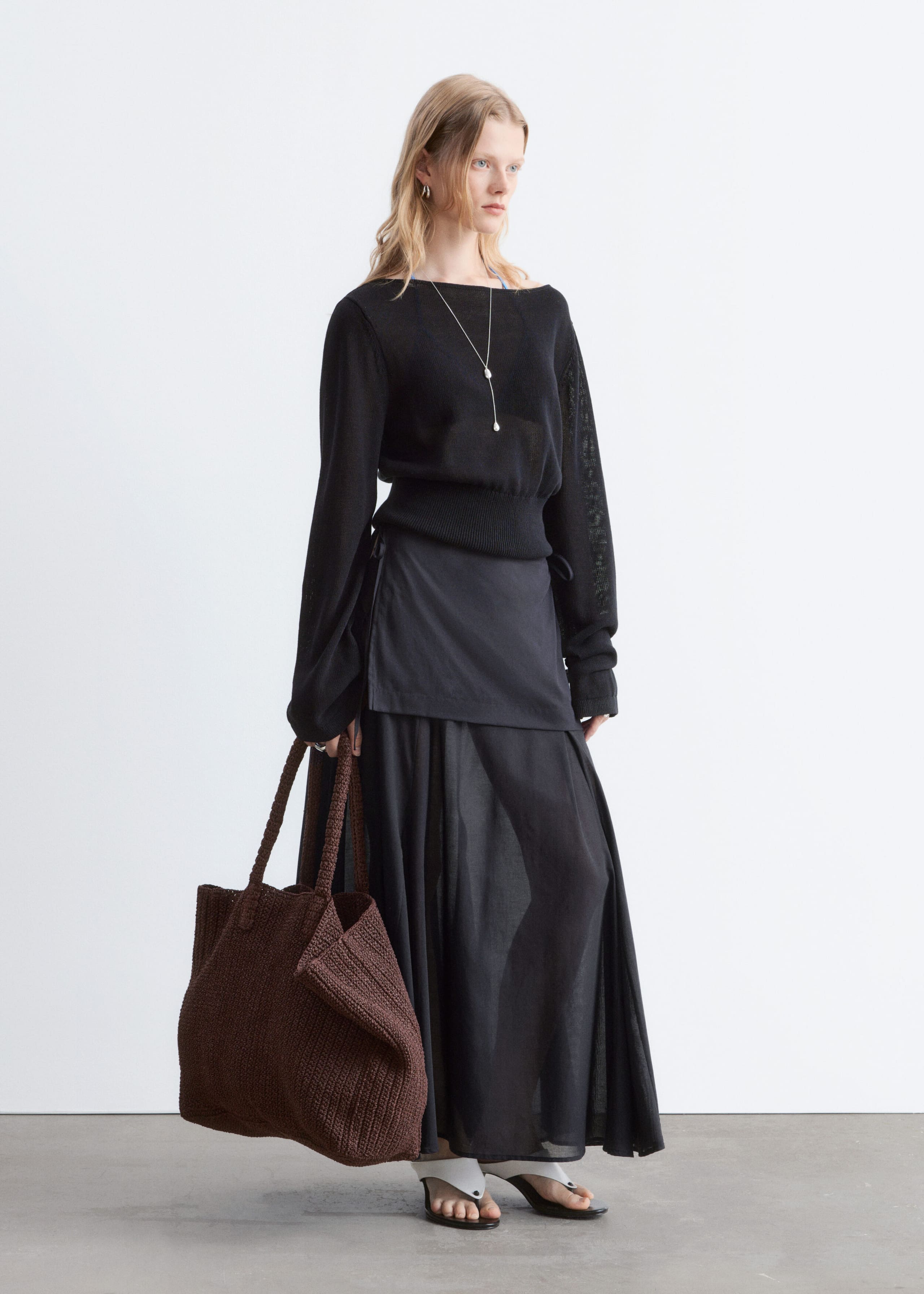 Sheer Apron Midi Skirt - Black - Lookbook