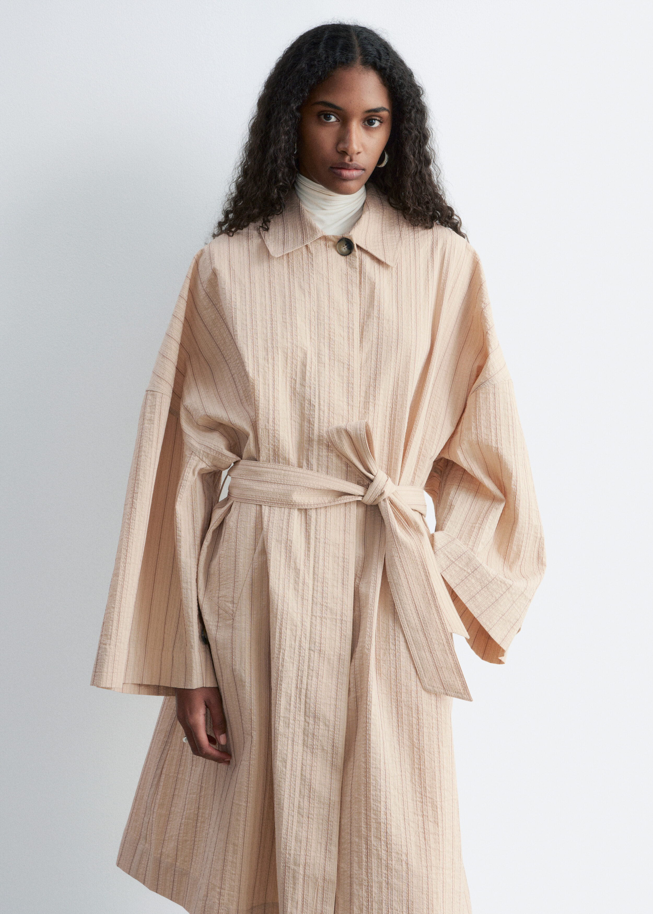 Oversized Pinstripe Trench Coat - Beige/Pinstripes - Coats
