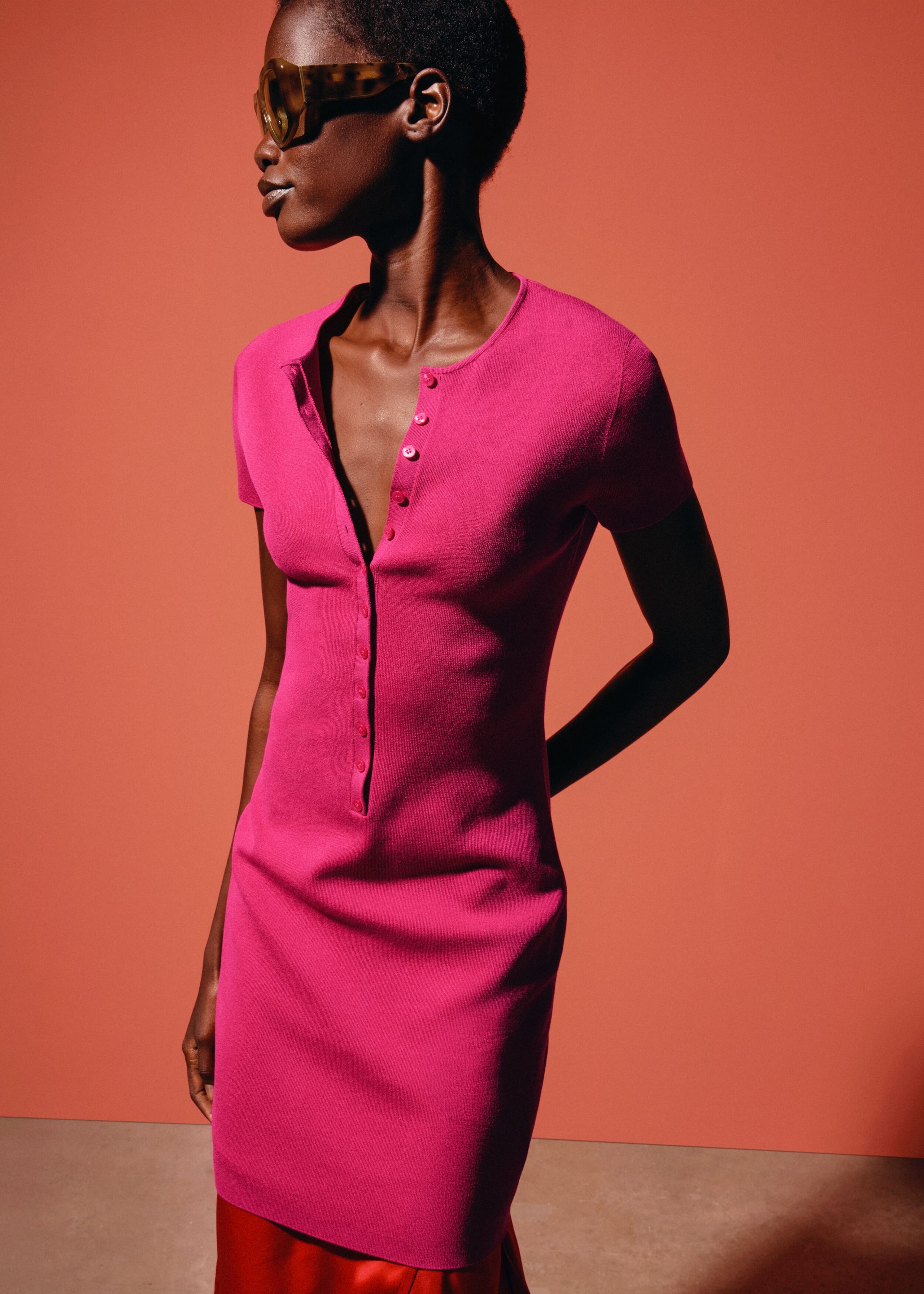 Button Placket Knit Dress - Bright Pink - Lookbook
