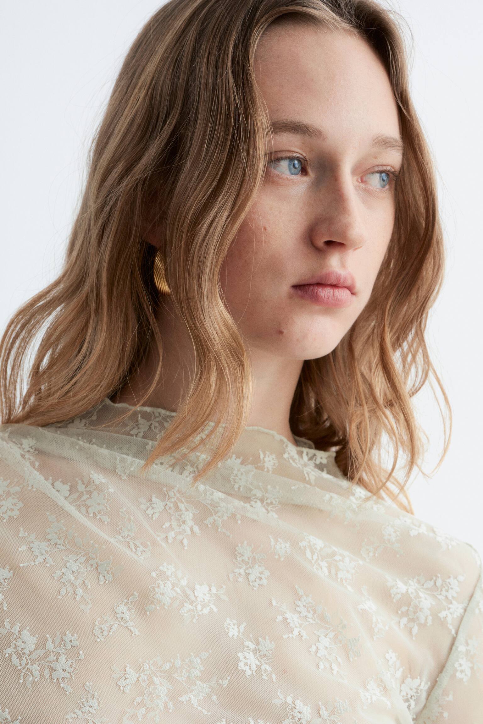 Long-Sleeve Lace Top - חום-אפרפר בהיר/חום כהה - 5