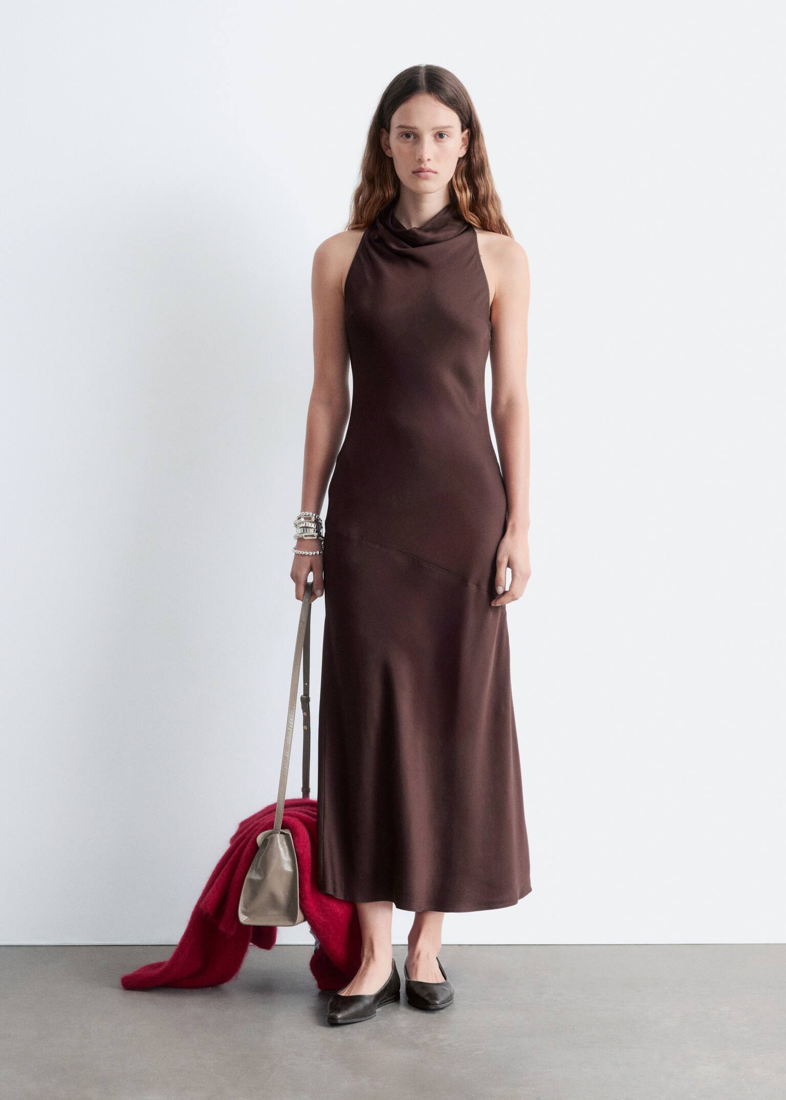 Cowl-Neck Satin Midi Dress - Dark Brown - 1