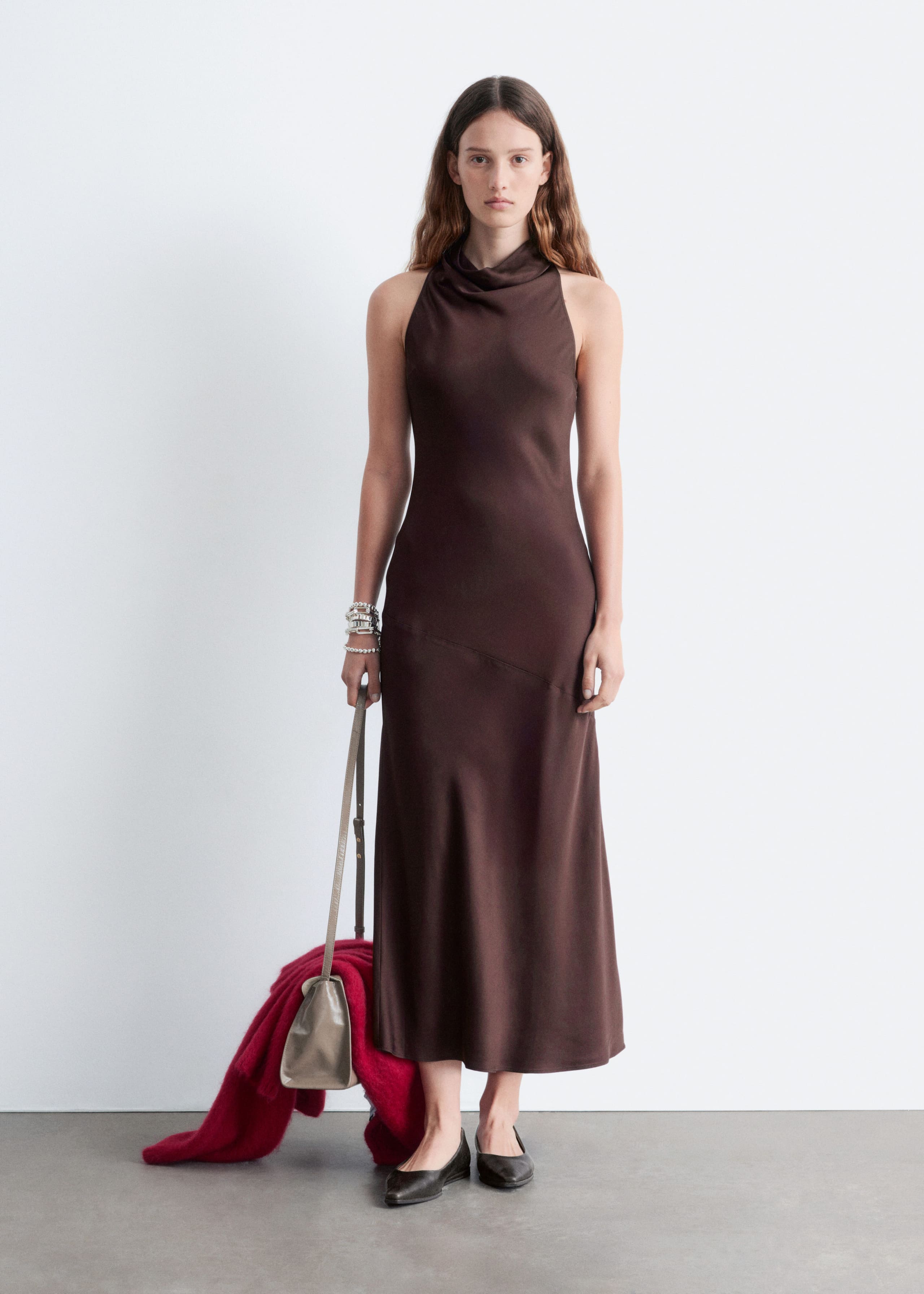 Image of Cowl-Neck Satin Midi Dress
