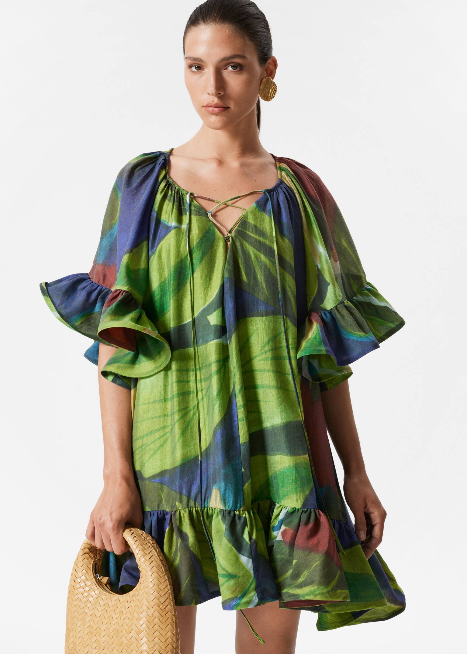 Robe courte à volants - Imprimé vert/Rouge foncé/Motif floral rose/rouge - 5