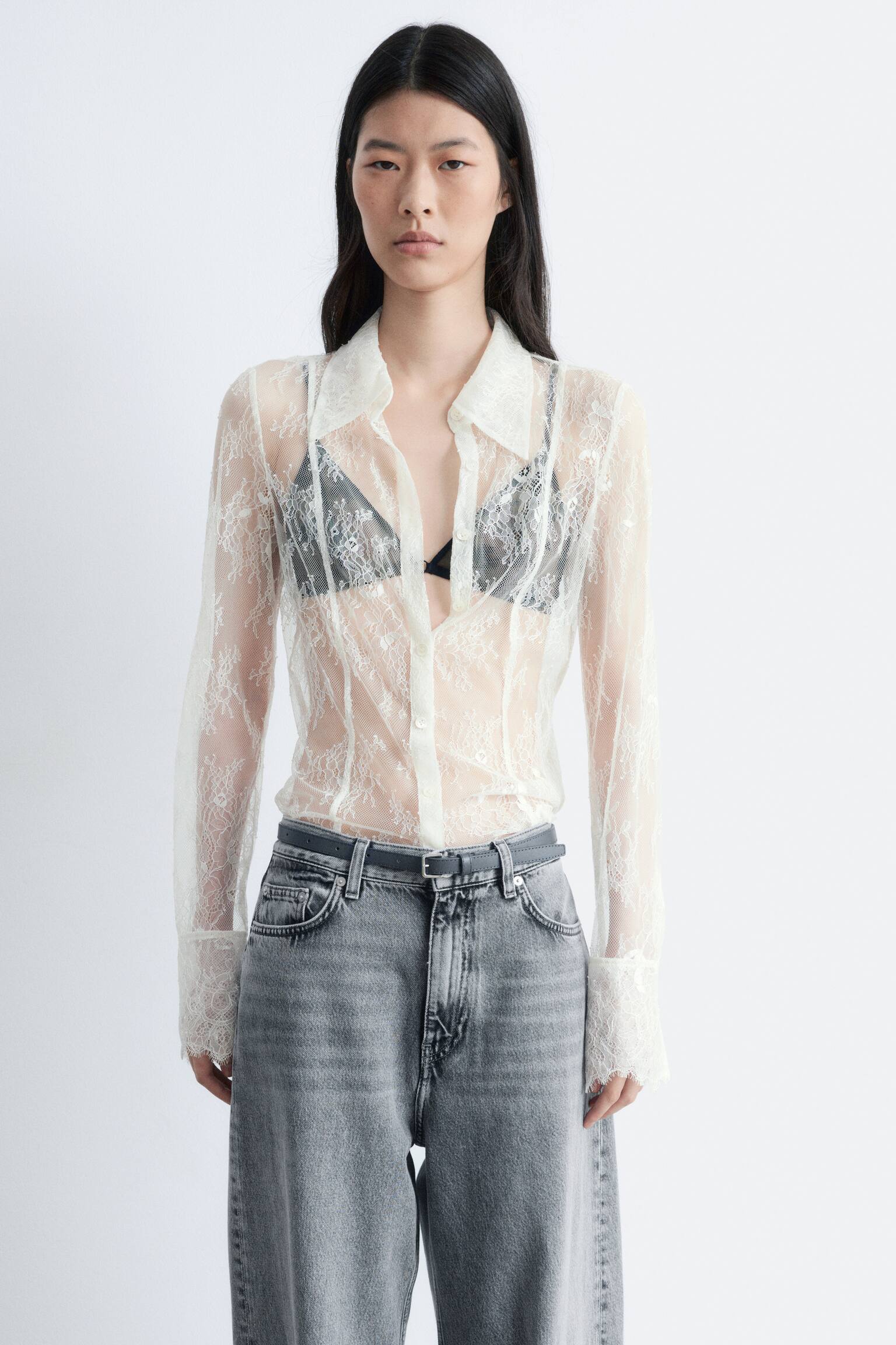 Camisa de encaje de corte cónico - Crema - 6