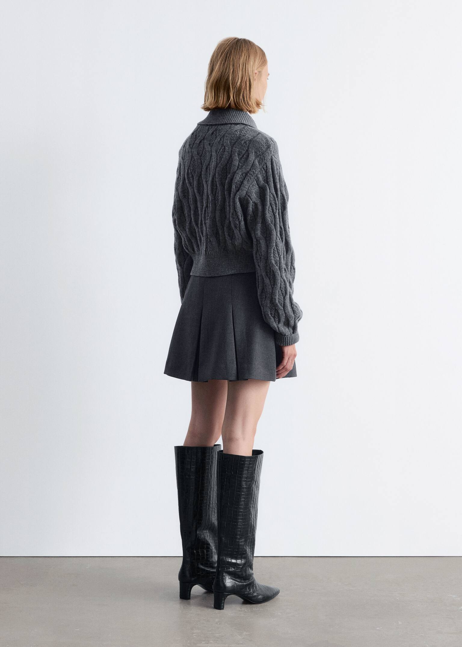 Cardigan din Amestec de Lână cu Model Tricotat în Cablu - Dark Grey - 3
