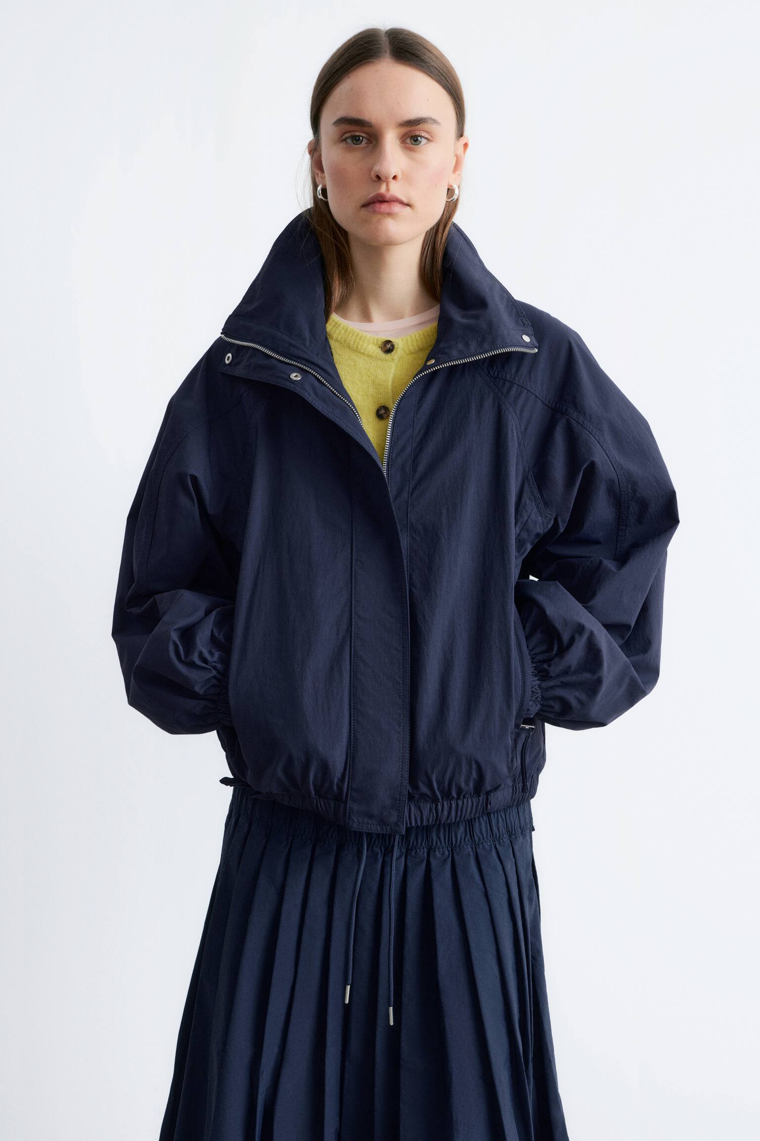 Giacca con coulisse e colletto alla coreana - Blu scuro - 5