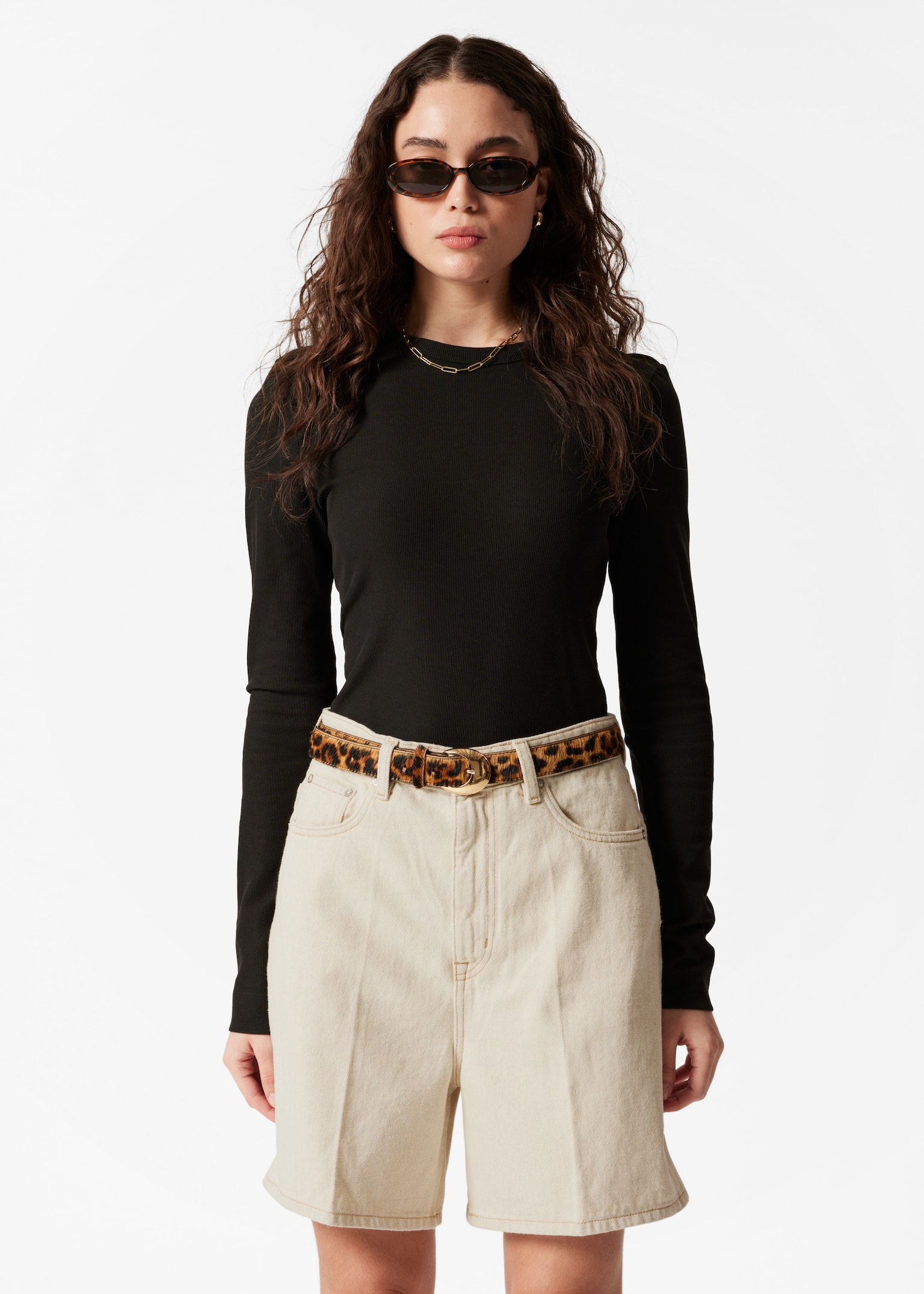 Pantaloni scurți denim cu crac larg - Bej/Albastru Mediu/Negru - 7