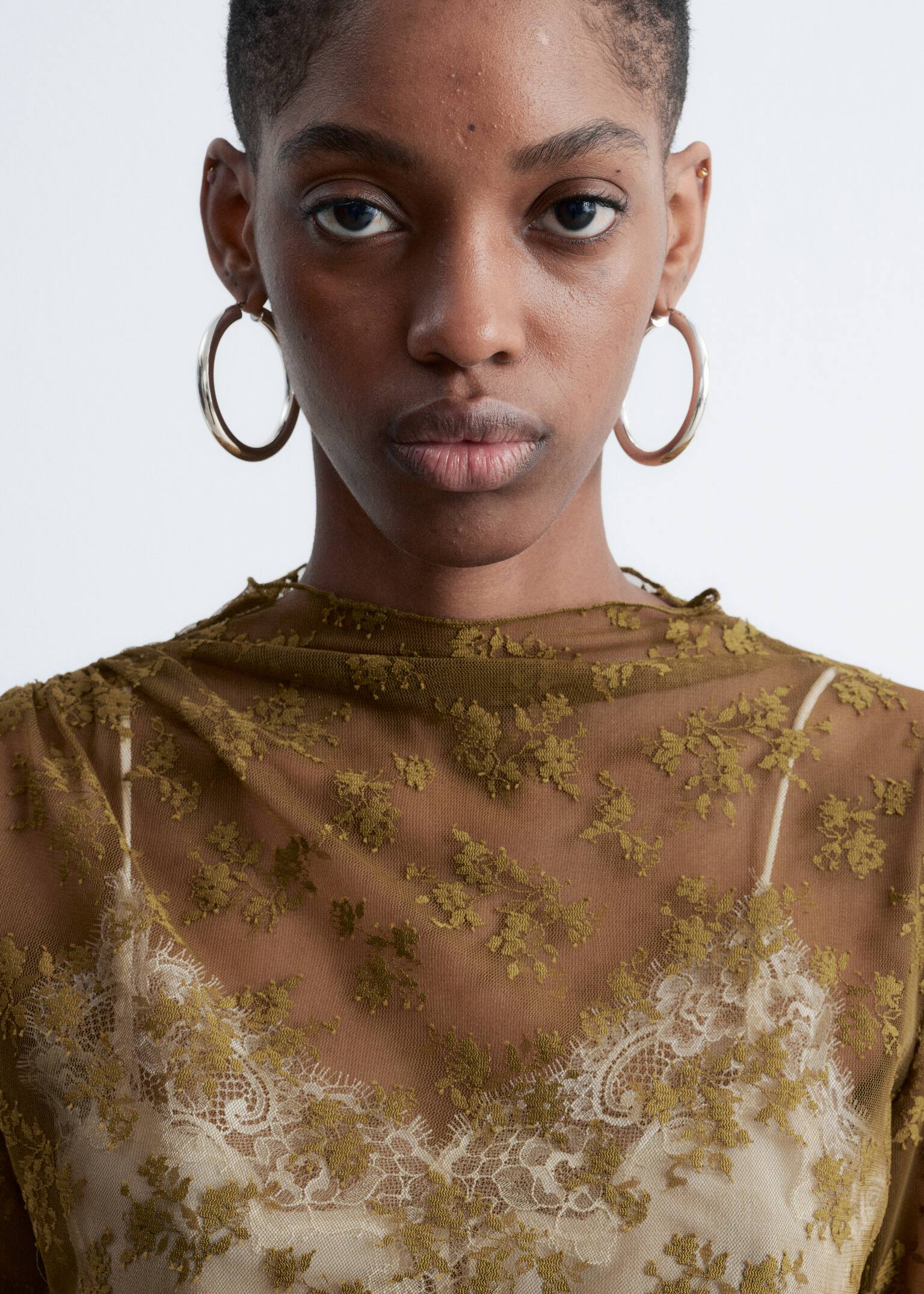 Long-Sleeve Lace Top - Khaki Brown - 4