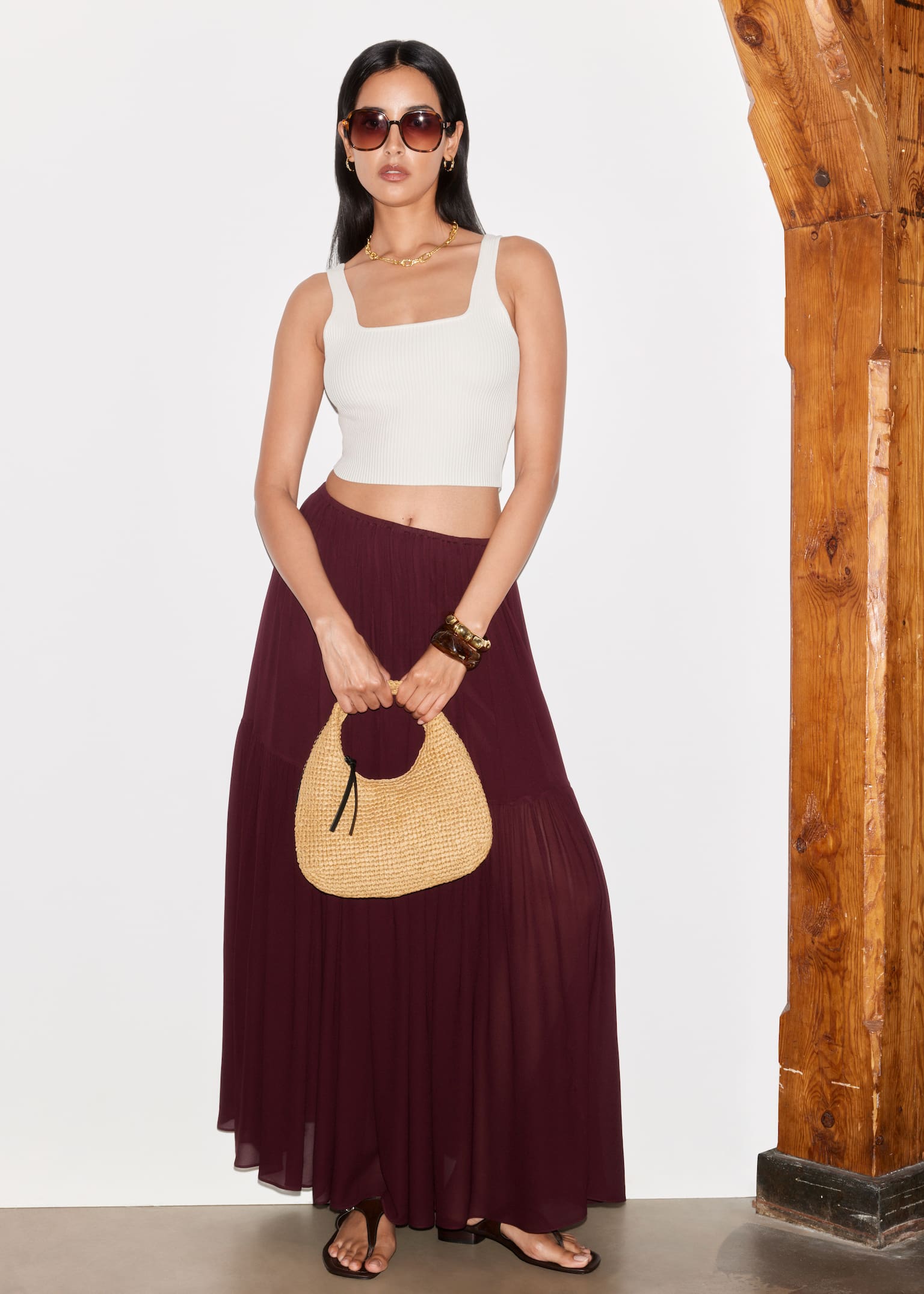 Chiffon Tiered Maxi Skirt - Dark Red - 6