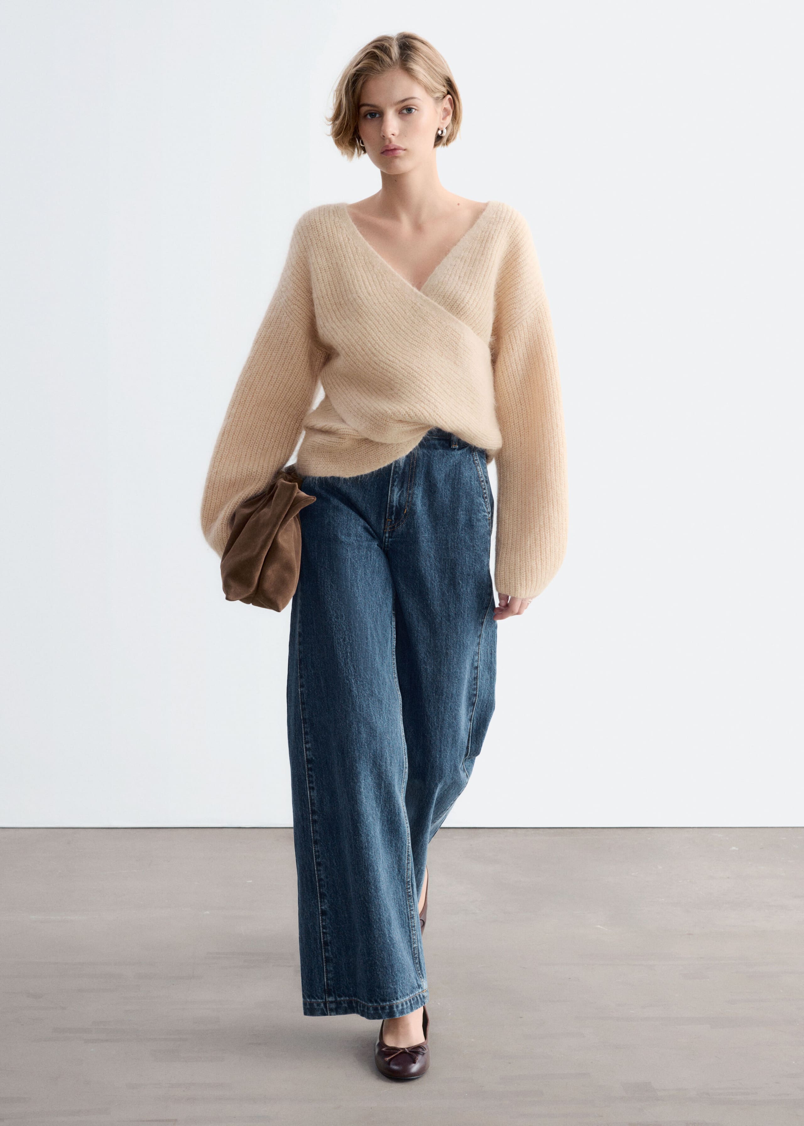 Mohair Blend Wrap Front Jumper - Beige - Lookbook