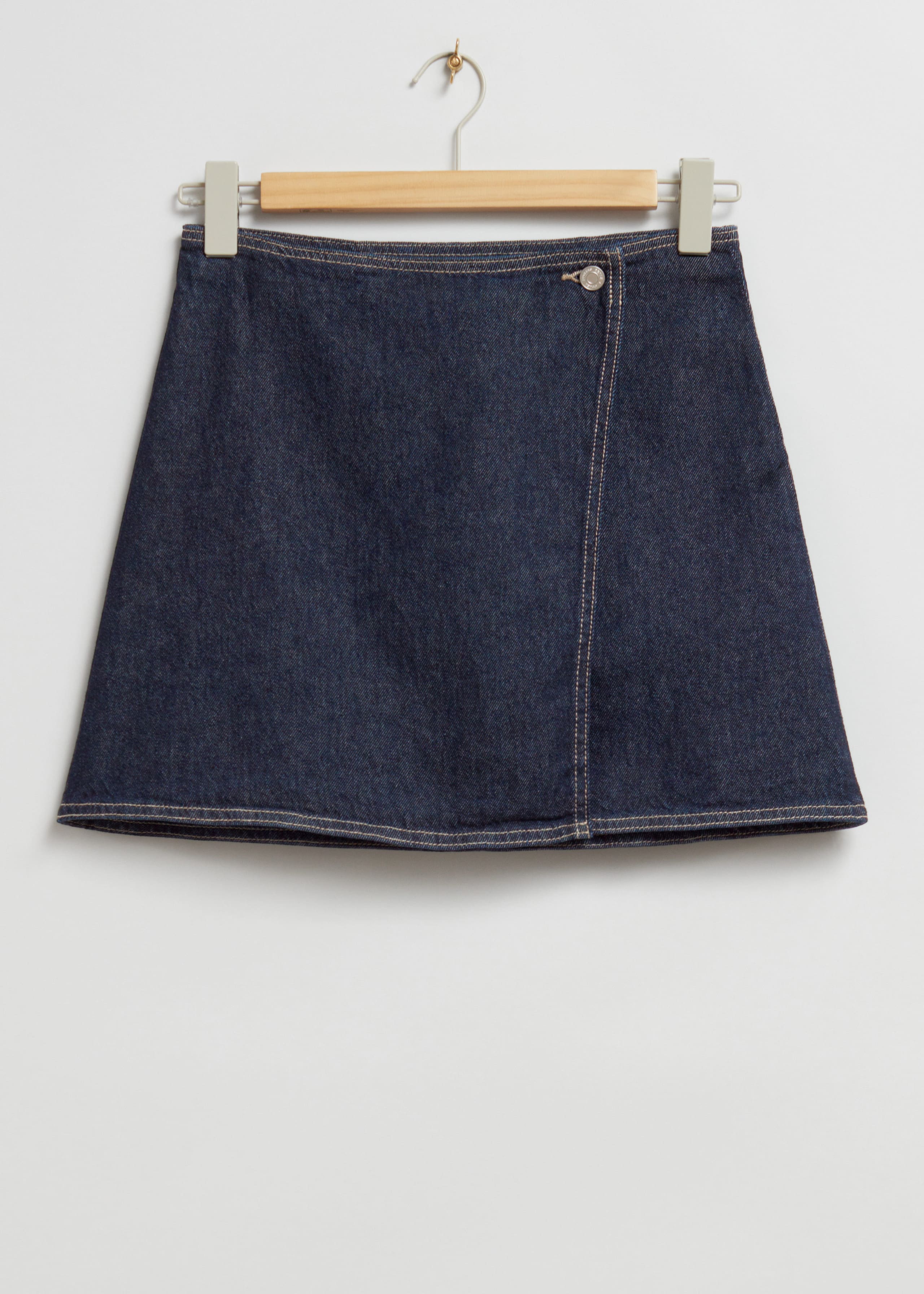 Low-Rise Denim Wrap Skirt - Dark Blue Washed Denim - Still Life