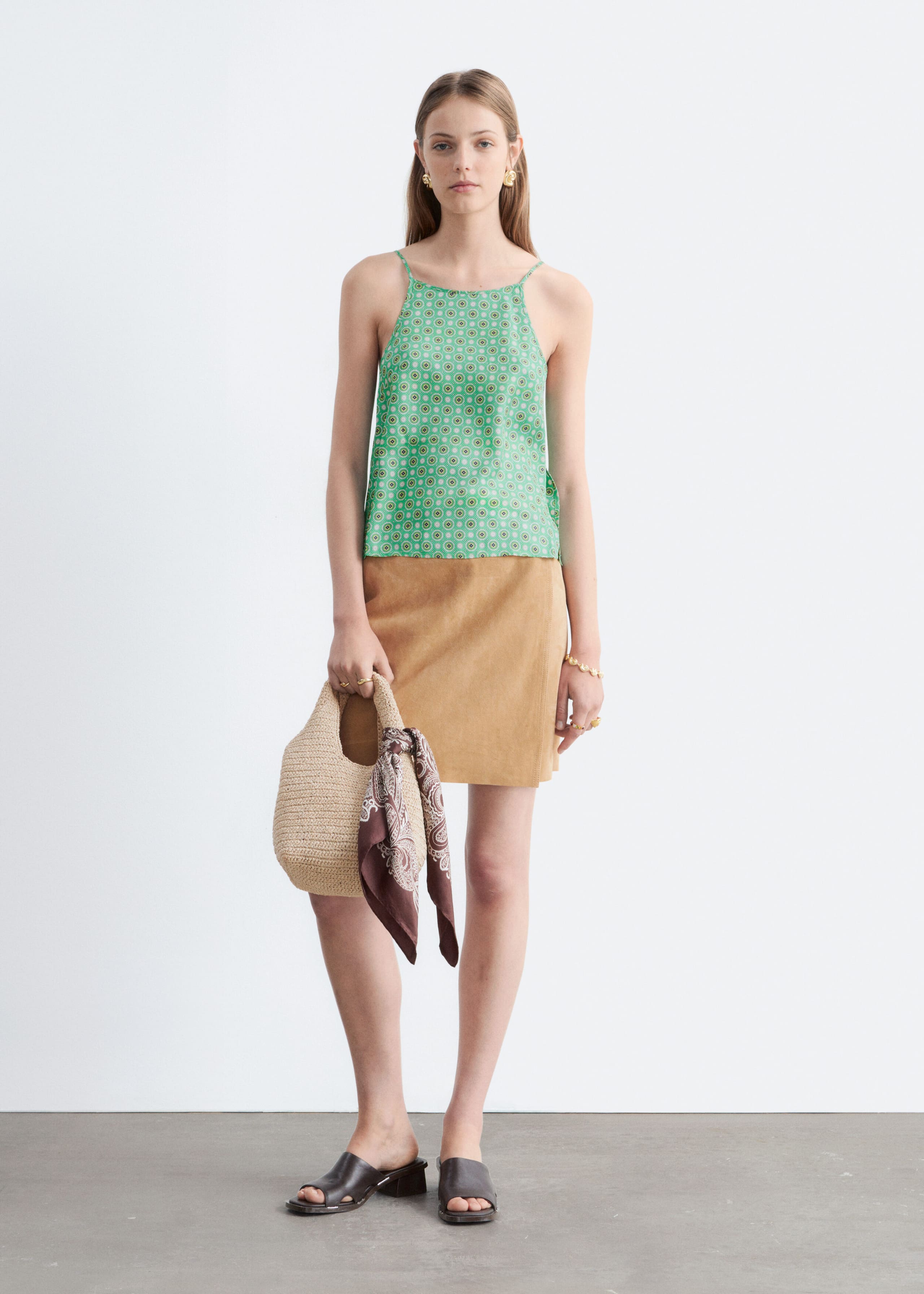 Contrast Binding Silk Top - Green/Print - Lookbook