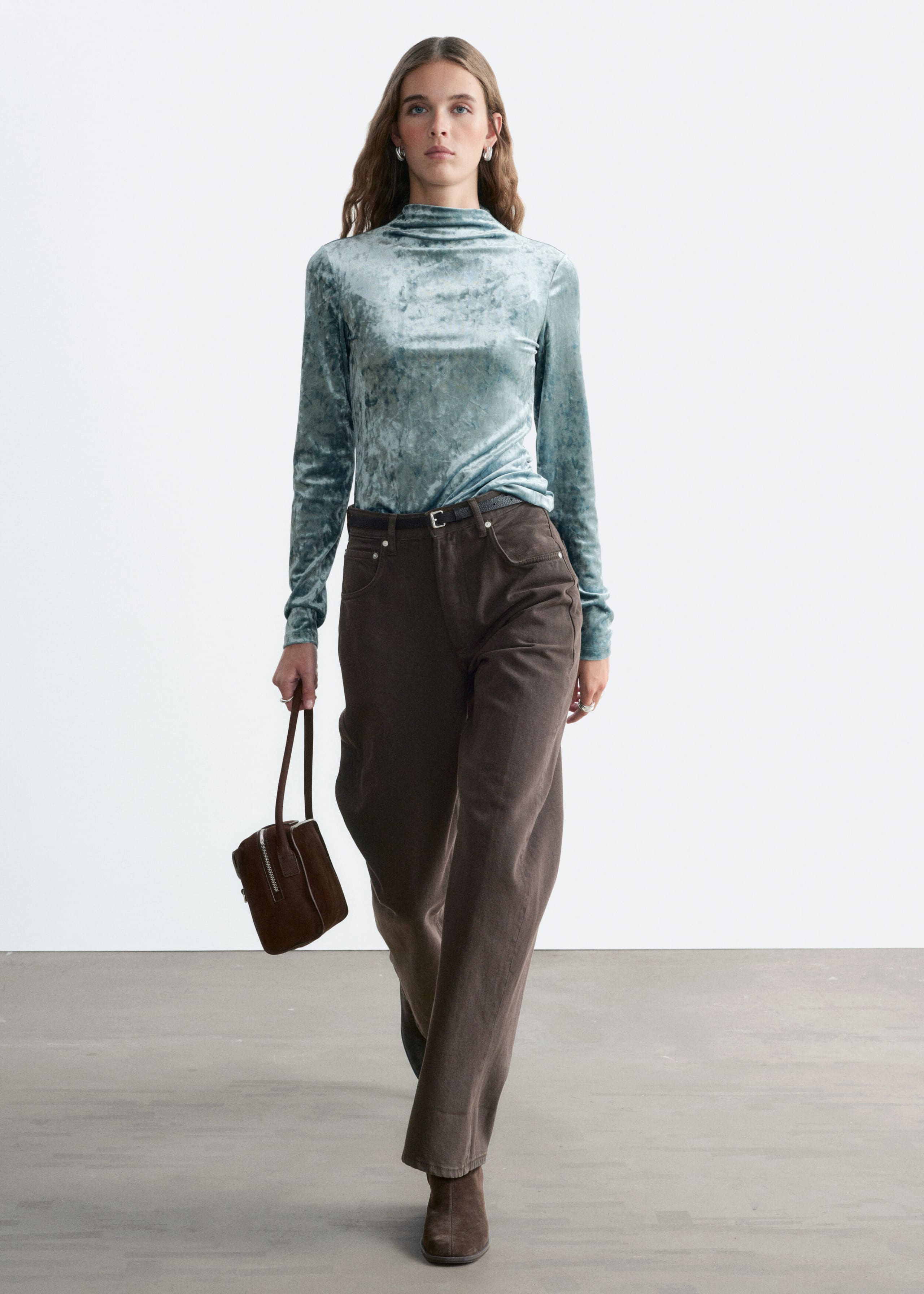 Velvet Mock Neck Top - Turquoise - Lookbook