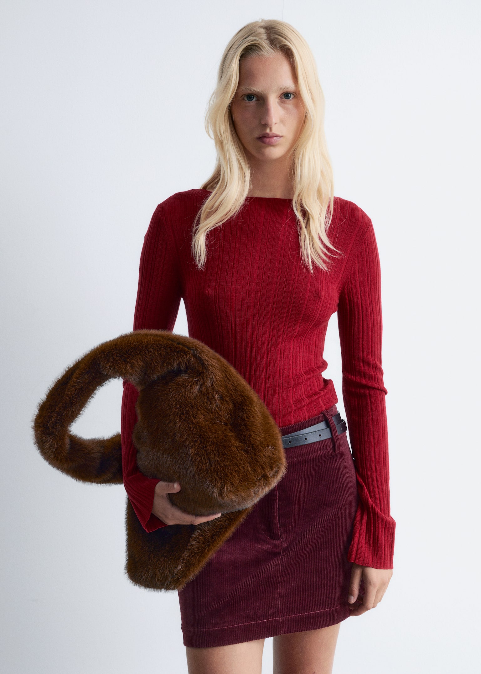 Maglia con scollo a barchetta e finitura a coste - Rosso/Rosso scuro/Marrone scuro