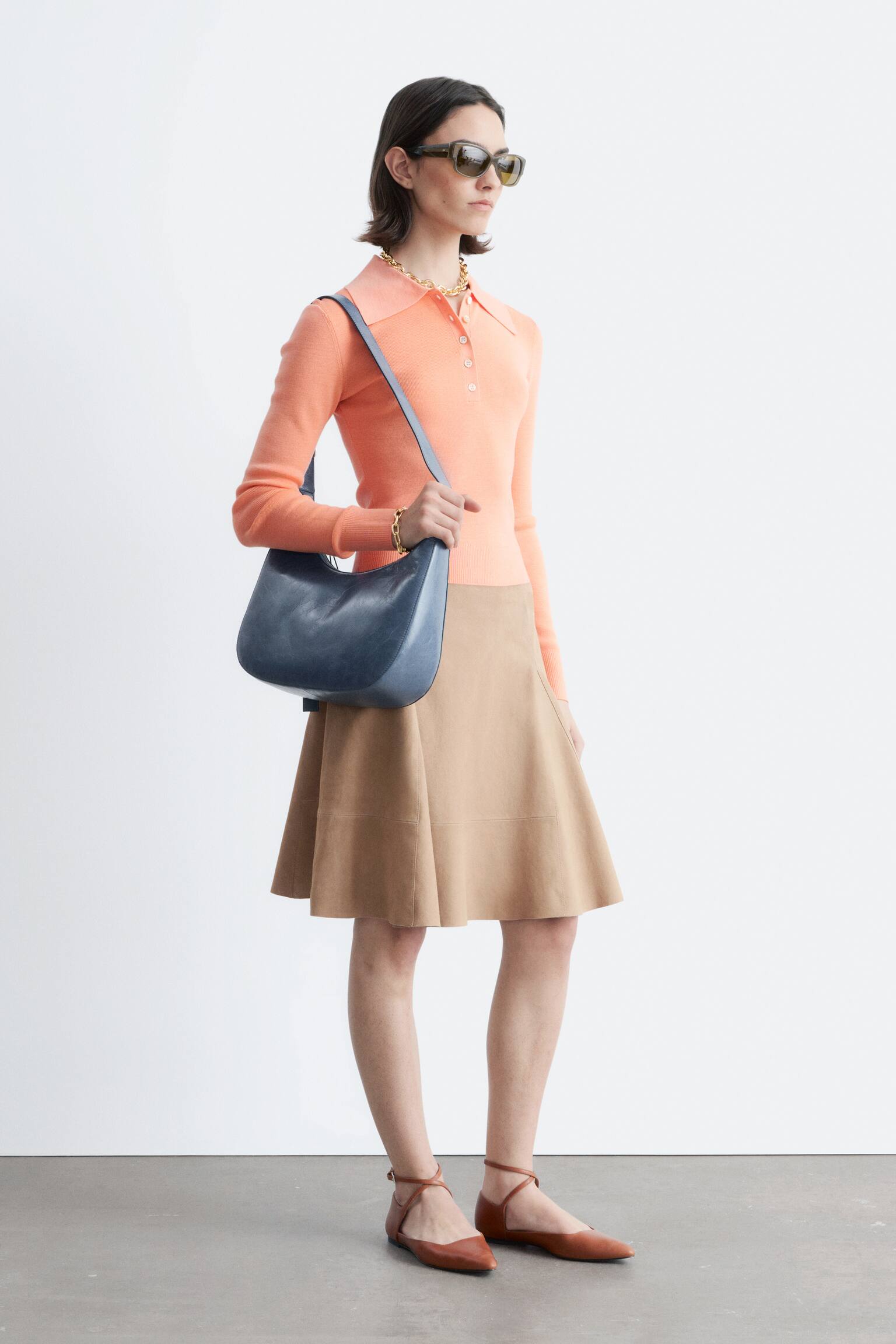 Rippstrick-Poloshirt aus Merinowolle - Pfirsich/Grau meliert/Dunkelbraun - 3