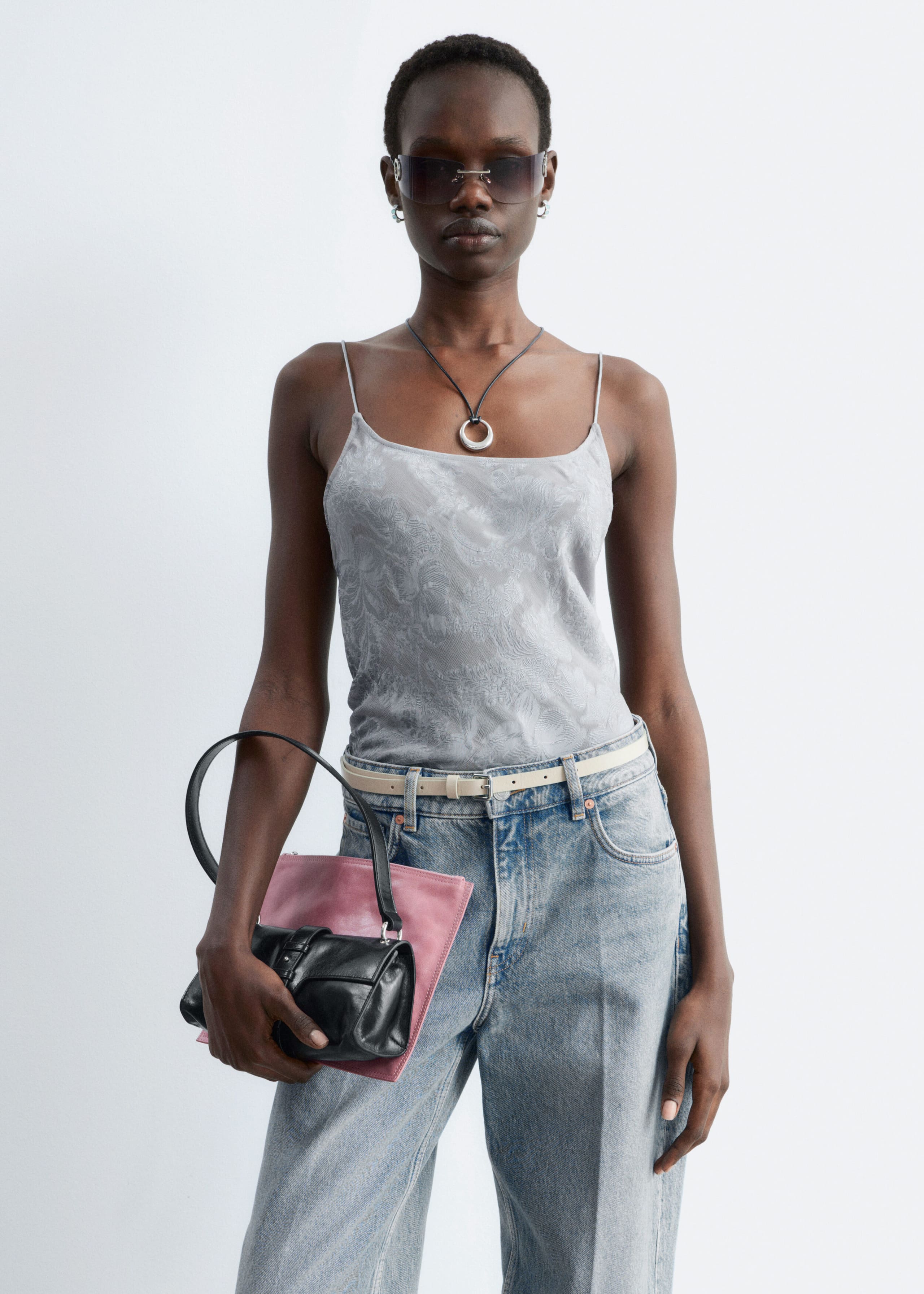 Sheer Satin Jacquard Camisole - Grey - Lookbook