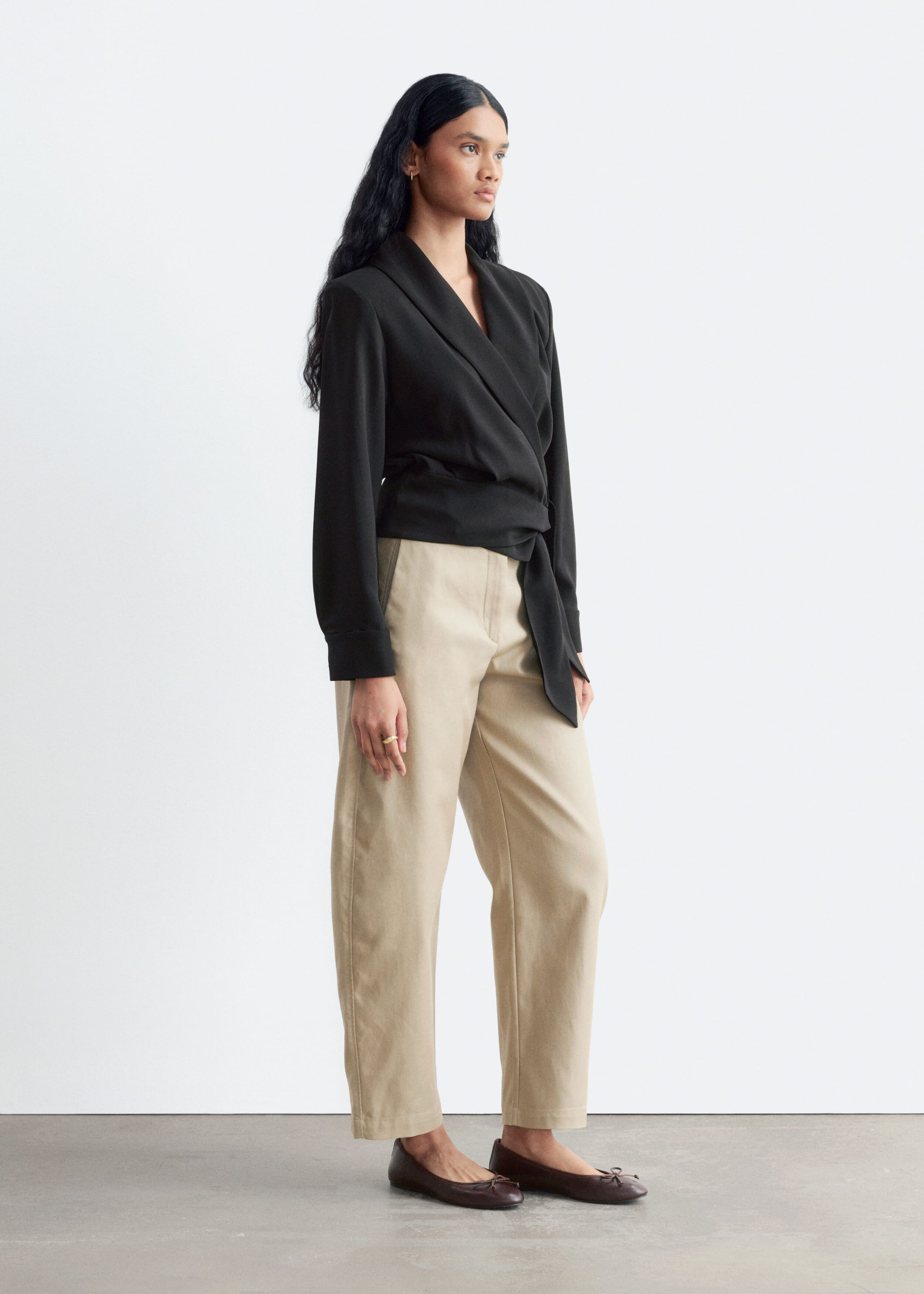 Shawl-Collar Wrap Blouse - Black - Lookbook