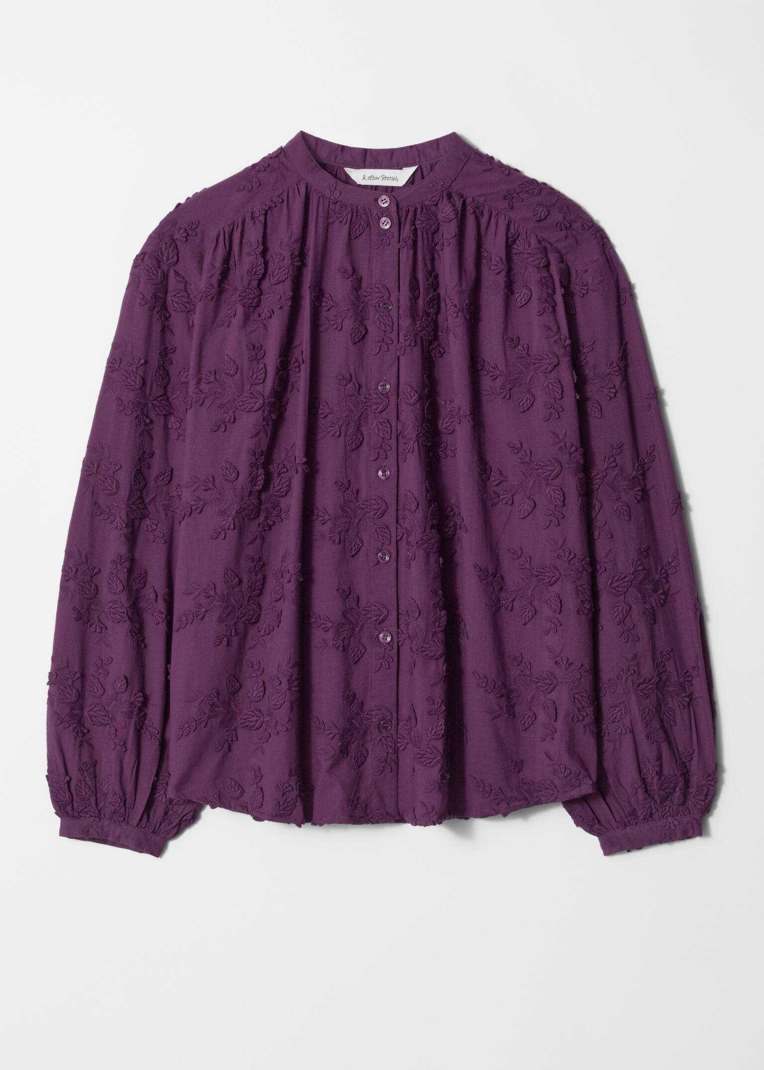 Voluminous Floral-Appliqué Blouse - Purple/Dark Red/Dusty Pink Embroidery/Petrol/White/Navy - 2