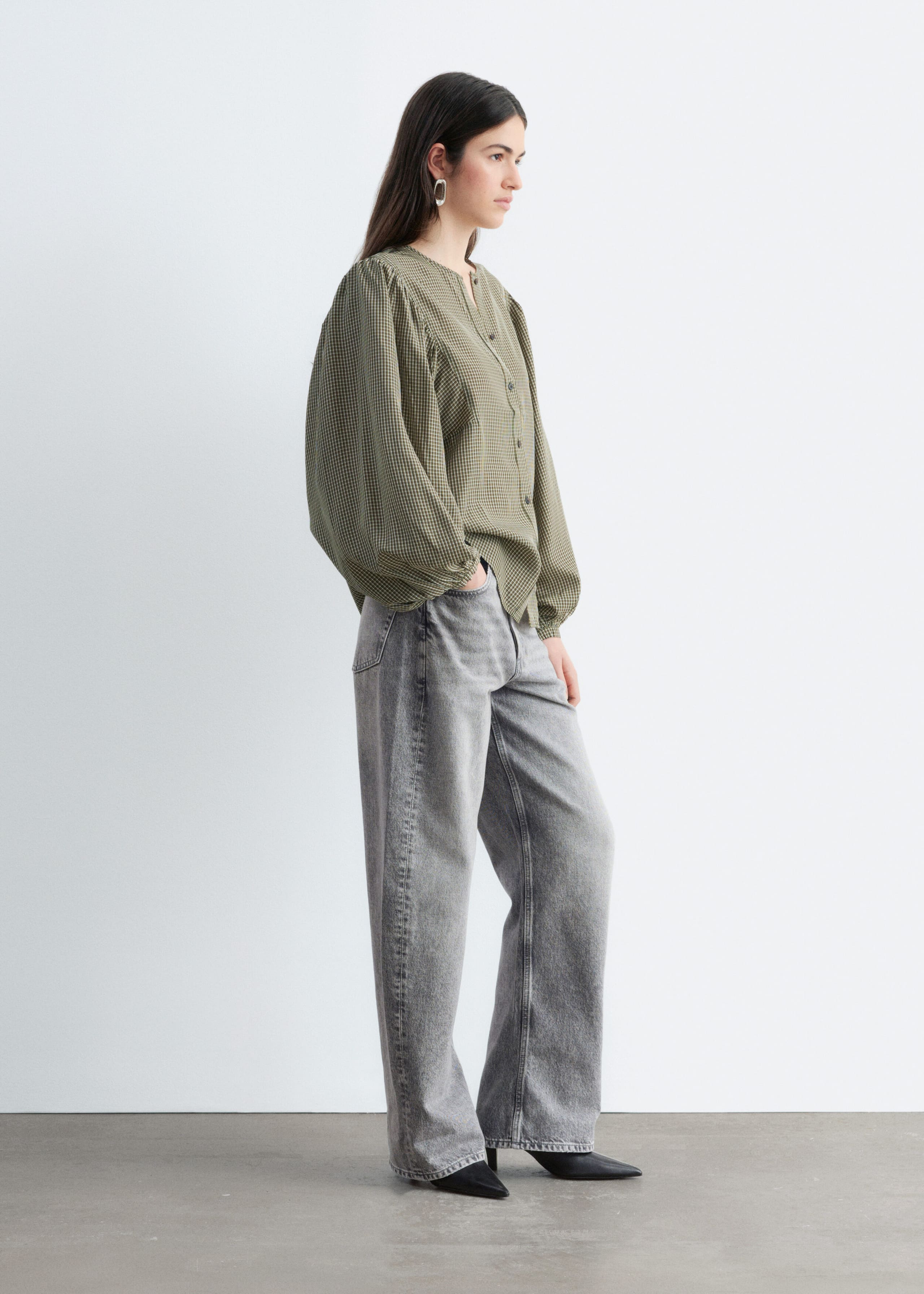 Gathered Cotton Blouse - Grey/Green/Checked - Lookbook