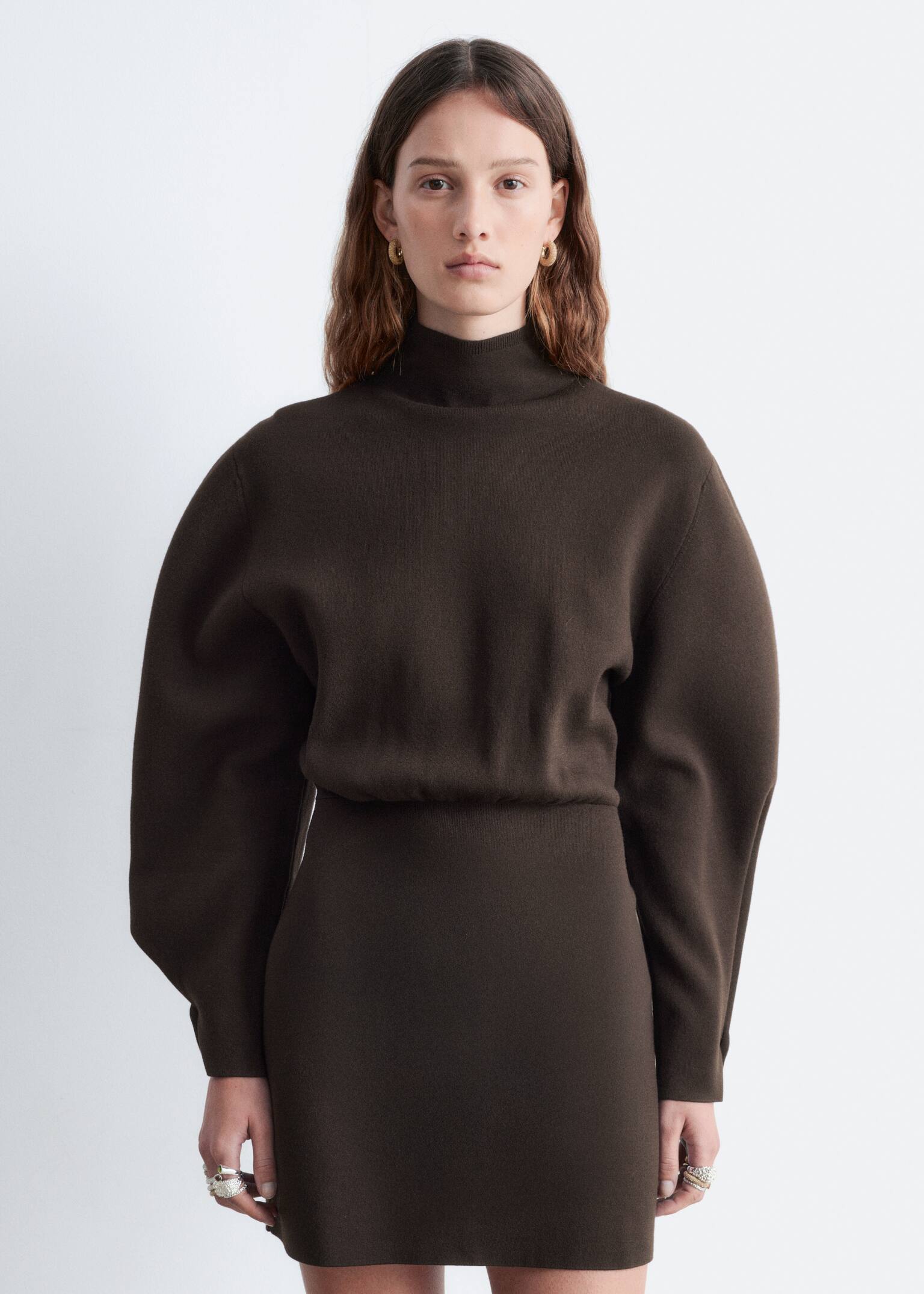 Knitted Mock-Neck Mini Dress - Dark Brown - 3