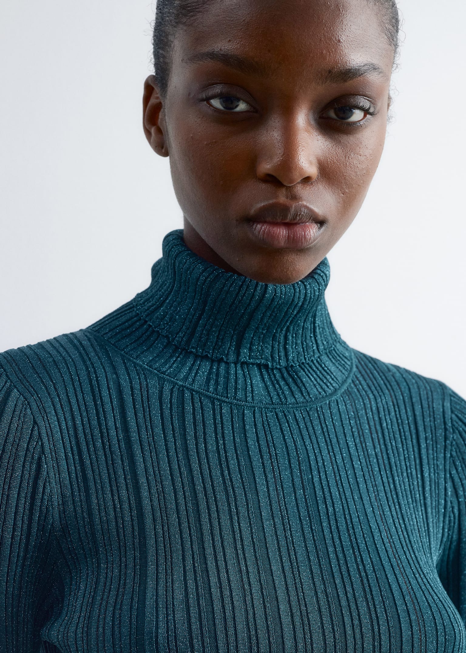 Rib-Knit Lurex Turtleneck - Dark Turquoise/Light Blue - 3