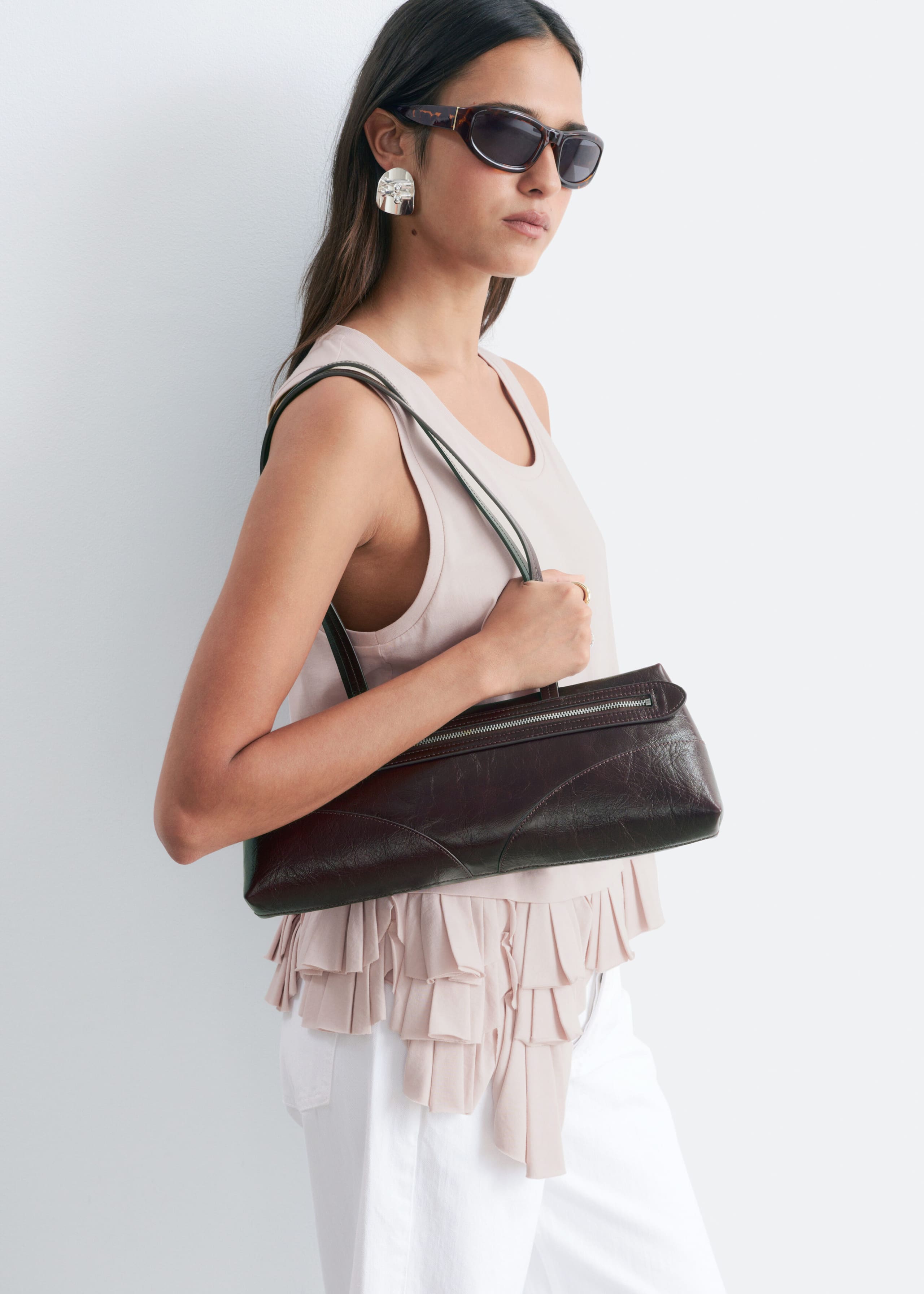 Slim Leather Shoulder Bag - Dark Brown - Still Life
