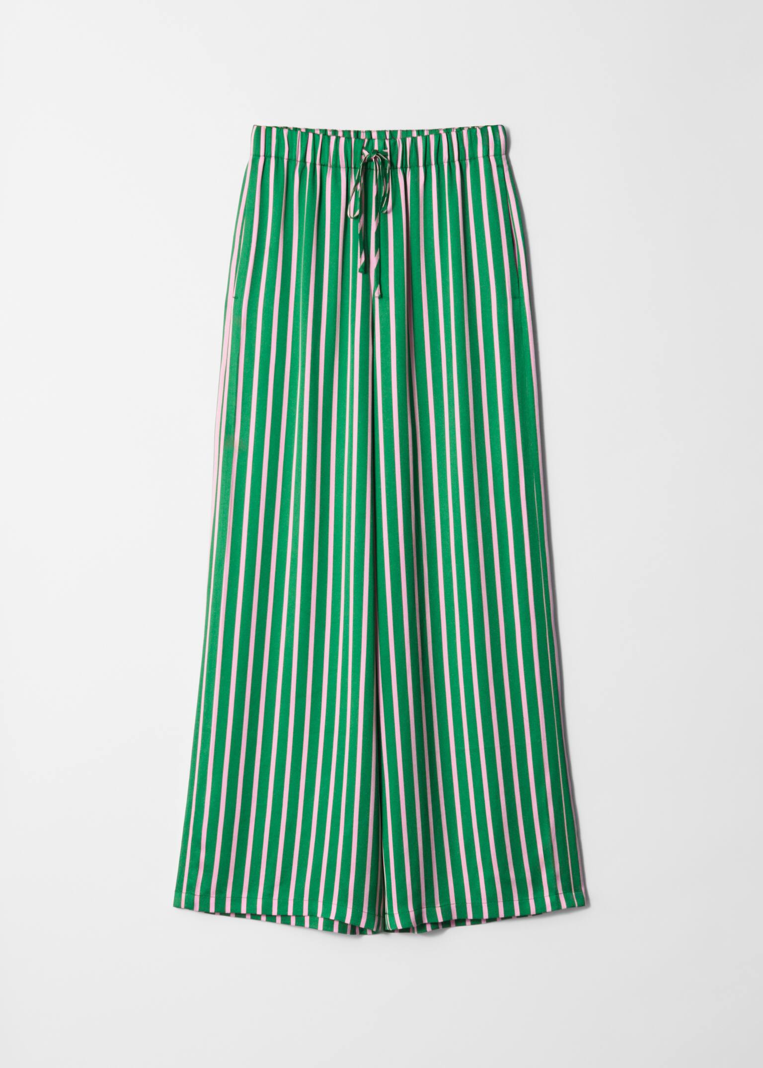 Satijnen broek met trekkoord - Groen/roze strepen