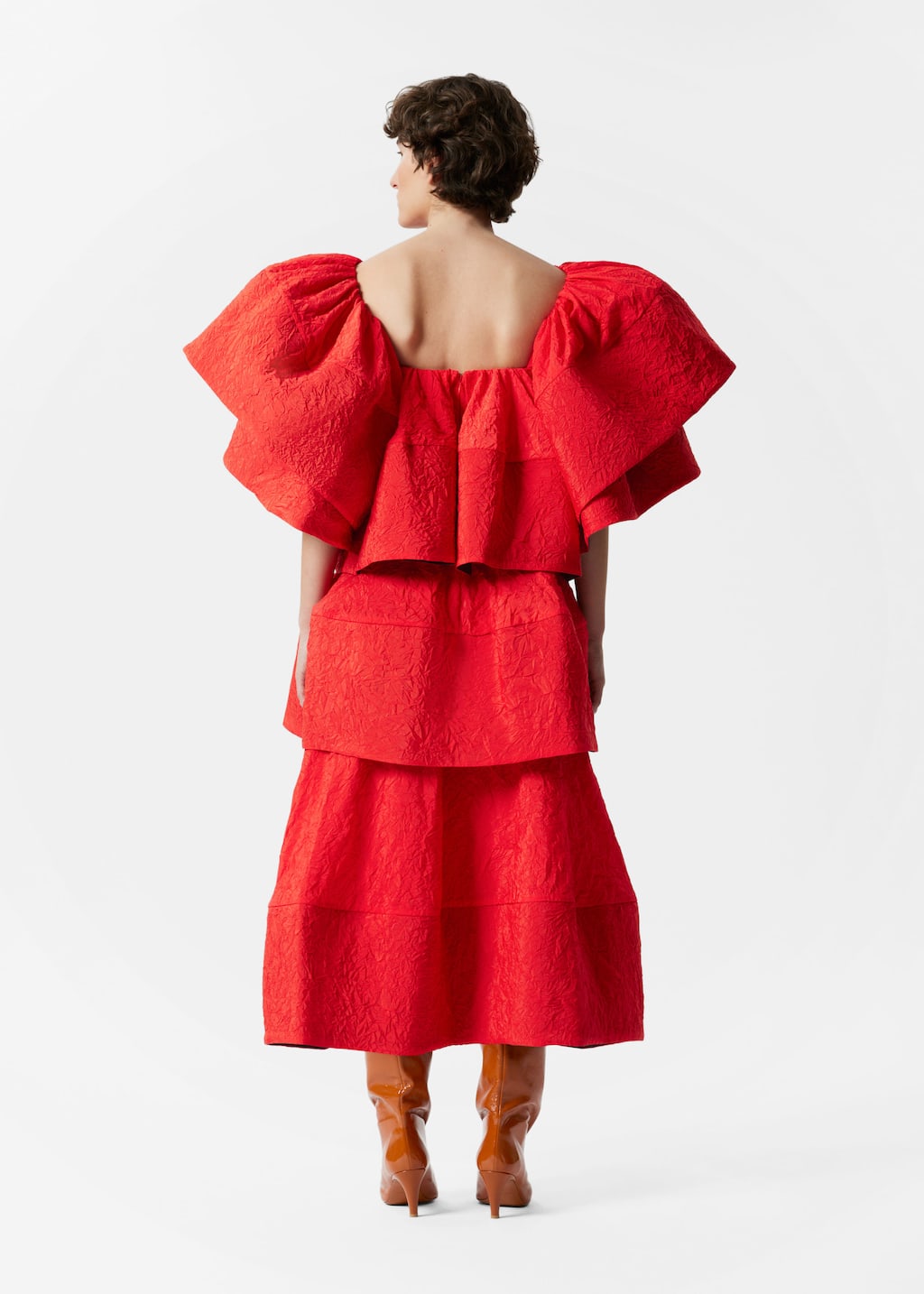 Vestido midi de jacquard con volantes - Rojo - Lookbook