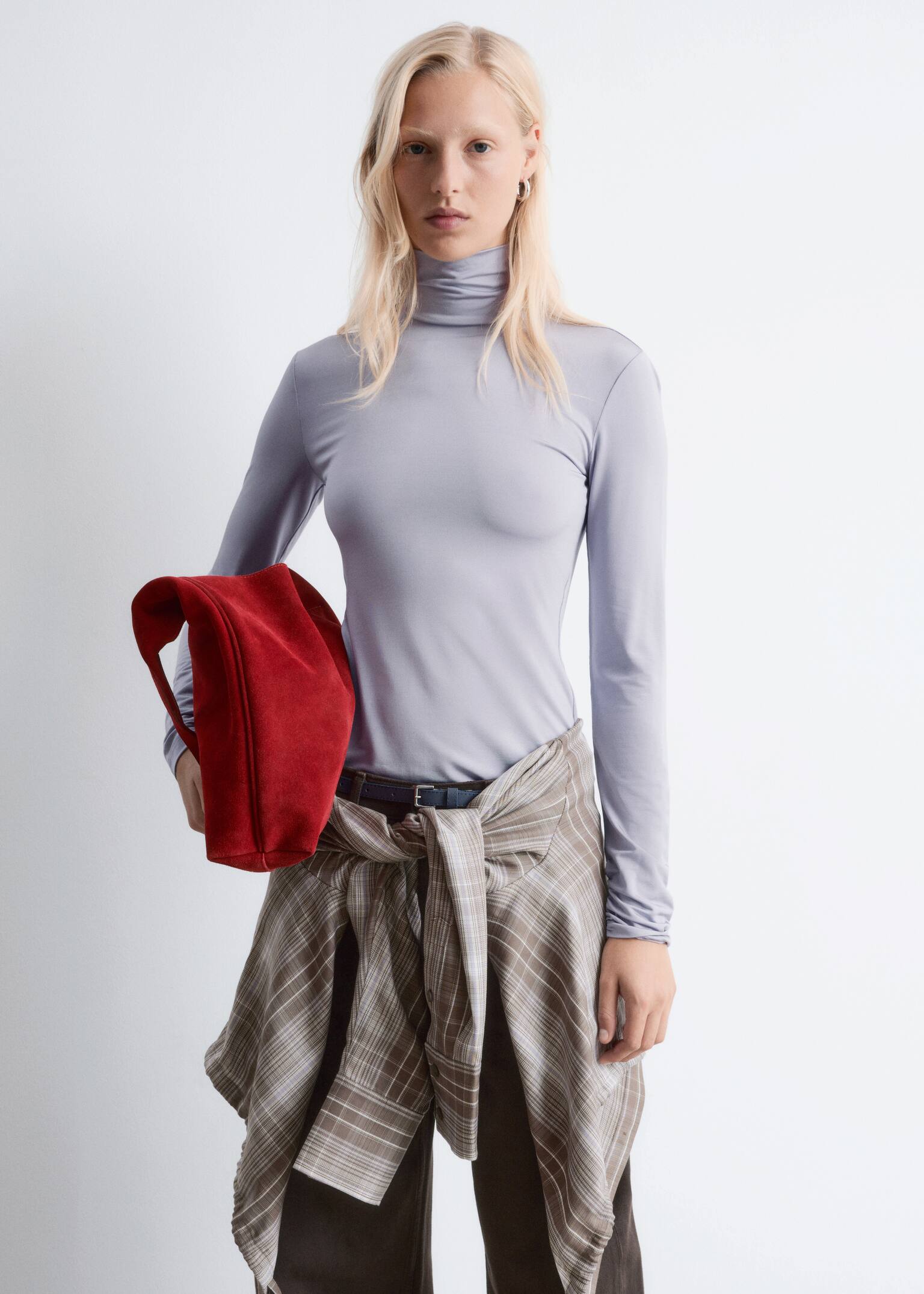 Slim Fit Turtleneck Top - Light Purple/Black/Red Florals/Purple/Black Checked - 5