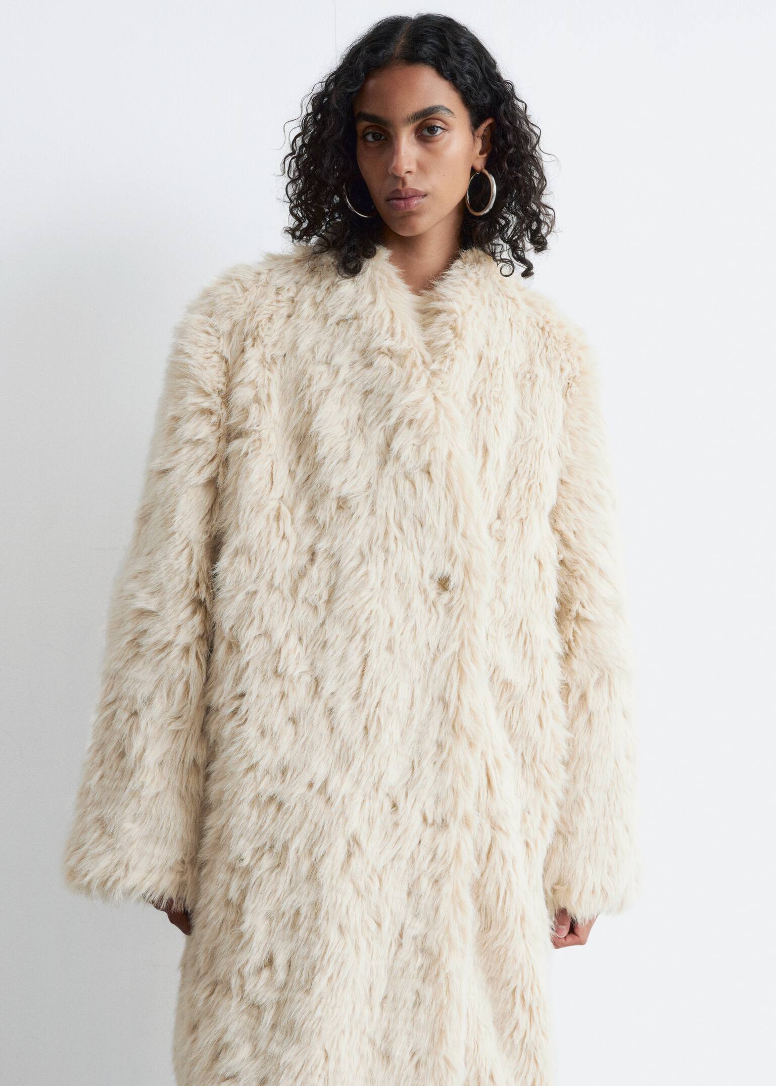 Faux Fur Midi Coat - Dusty White - 7