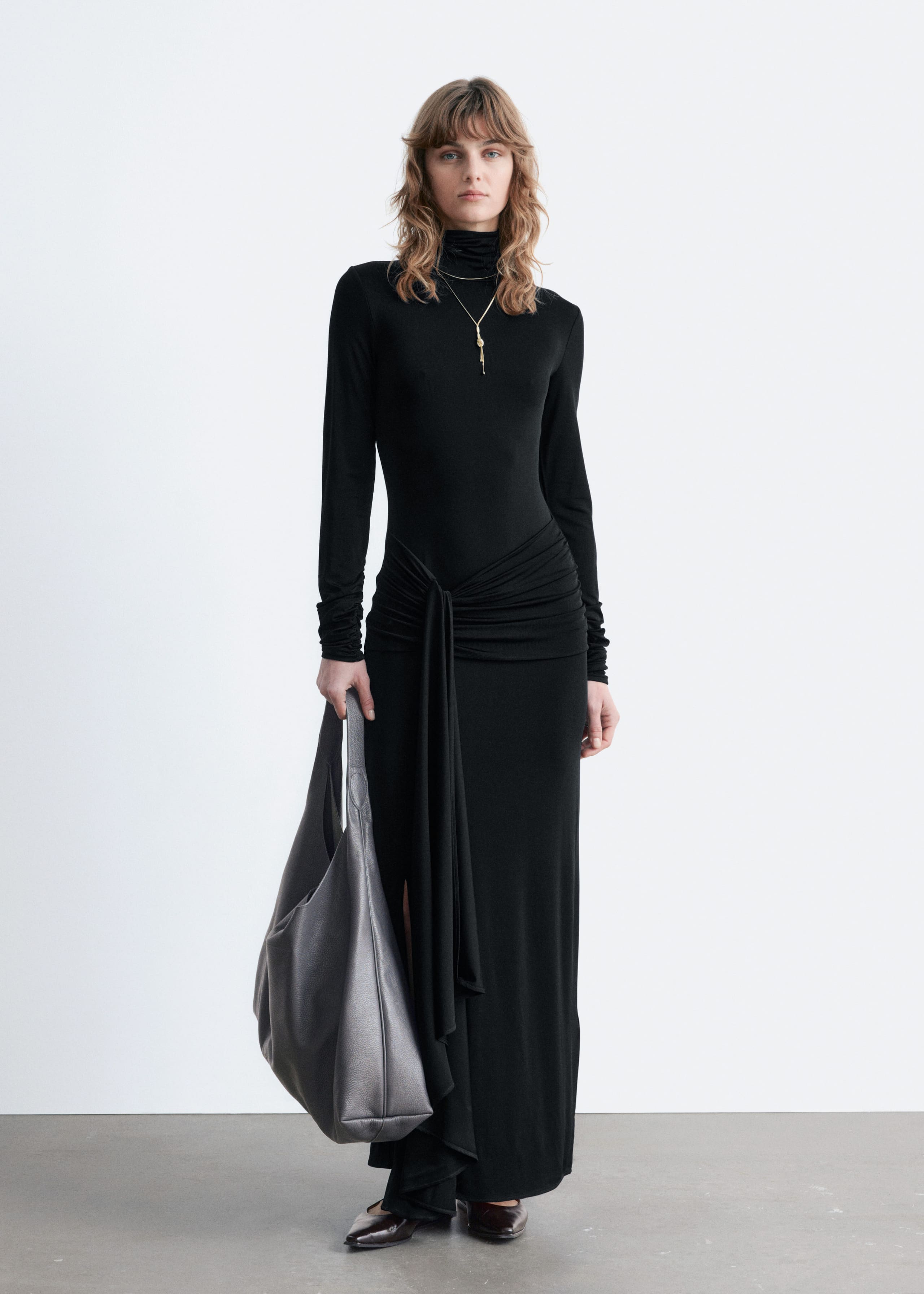 Tie-Detail Turtleneck Midi Dress