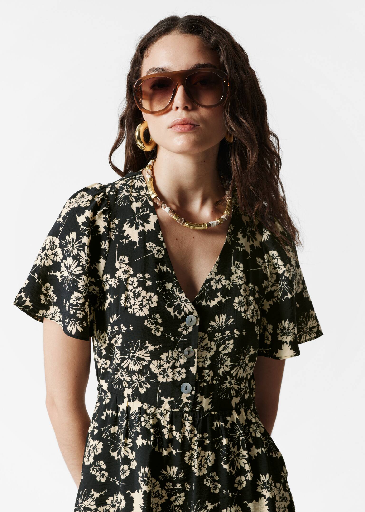 Rochie midi cu mâneci fluture - Black Print/Navy Print/Negru/Red/White/Beige Print - 3