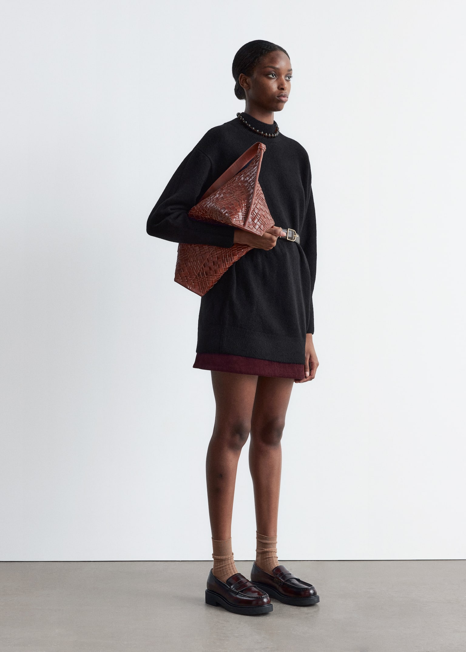 Belted Mini Knit Dress - Black/Grey - 4
