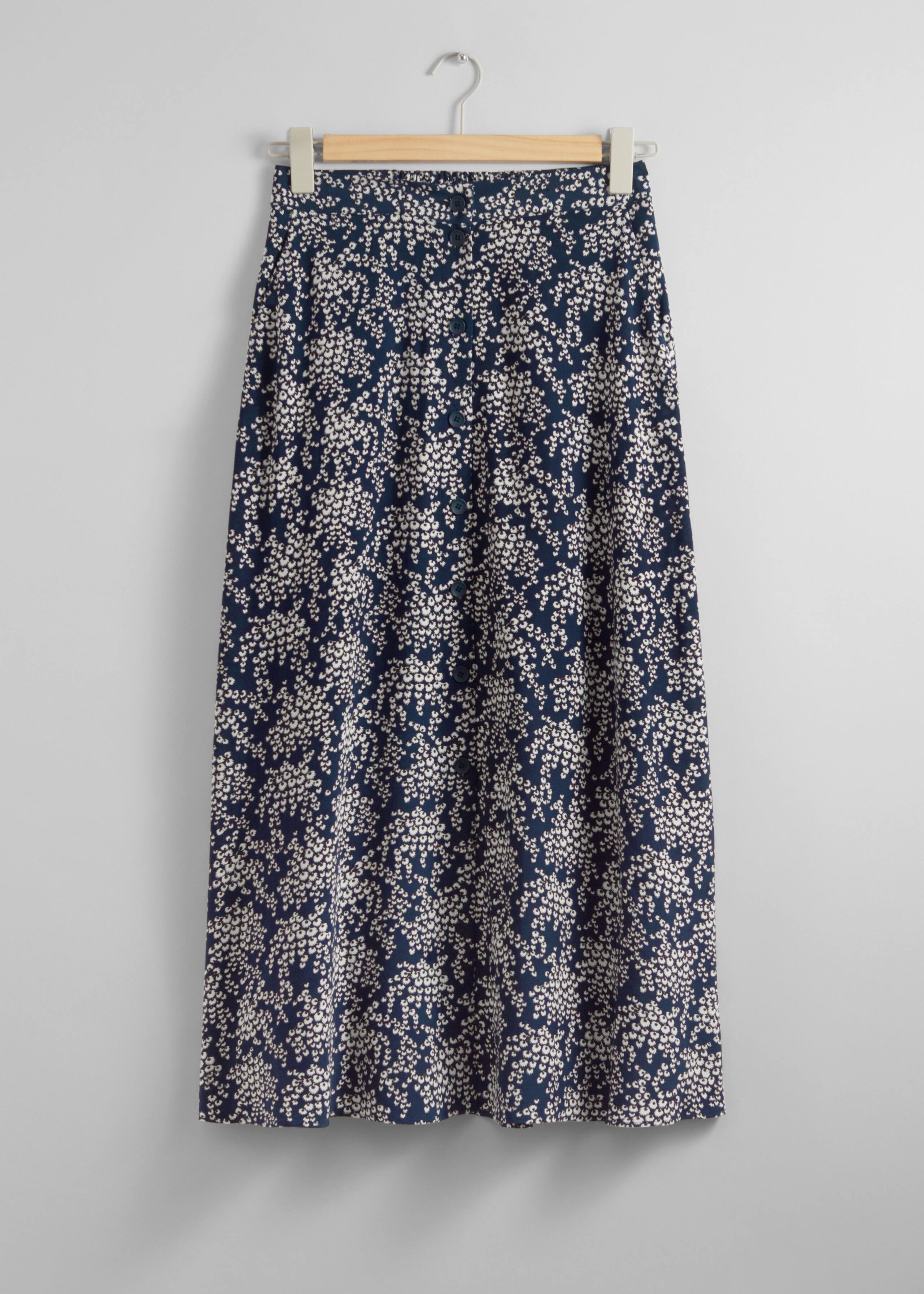 Buttoned A-Line Midi Skirt - White Print - Still Life
