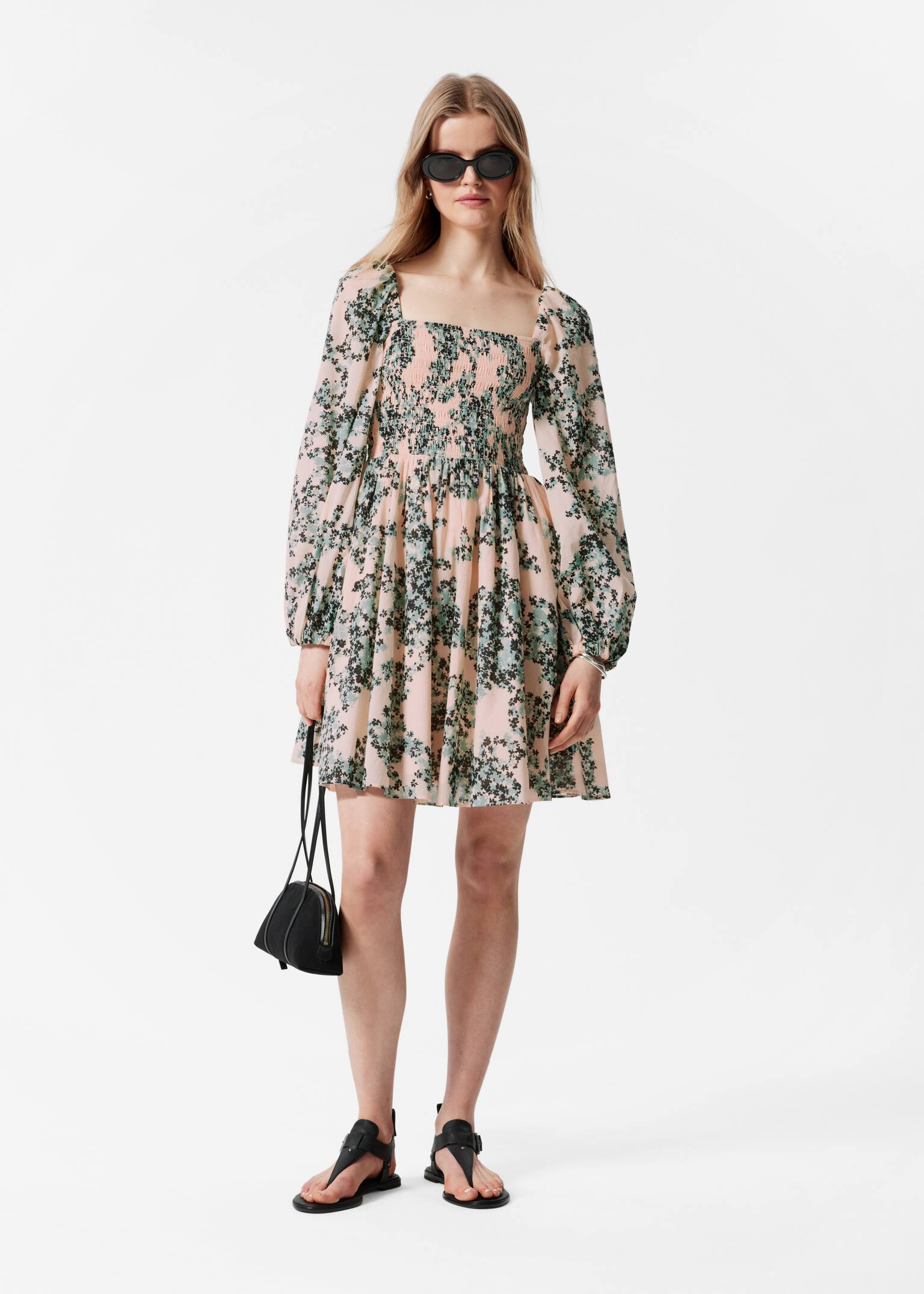 Robe courte babydoll - Motif floral pêche/vert/Motif fleuri bleu/Beige/Motif floral bleu