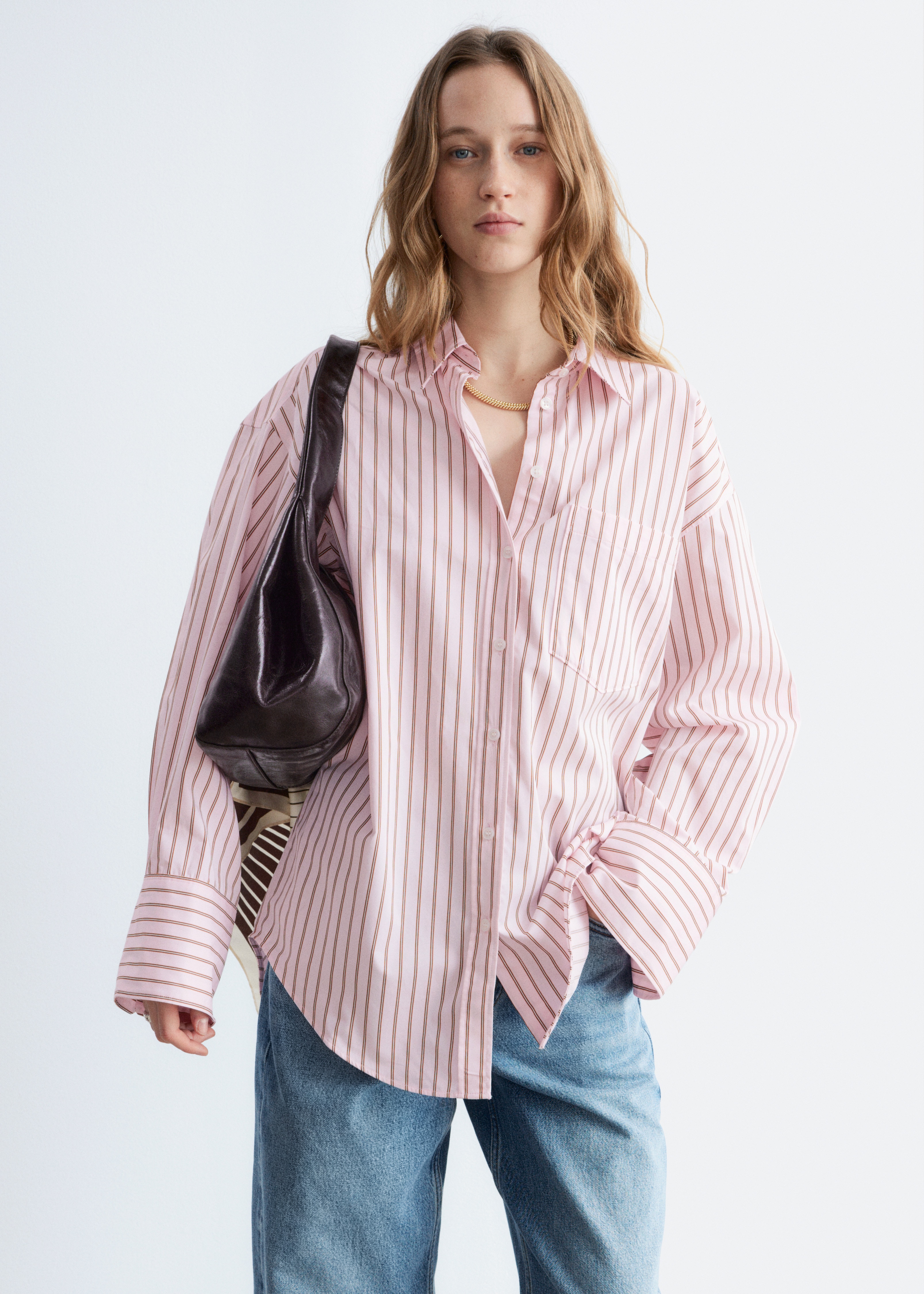 Bomullsskjorta - Rosa/röda ränder/Vit/Vit/randig/mörkbeige