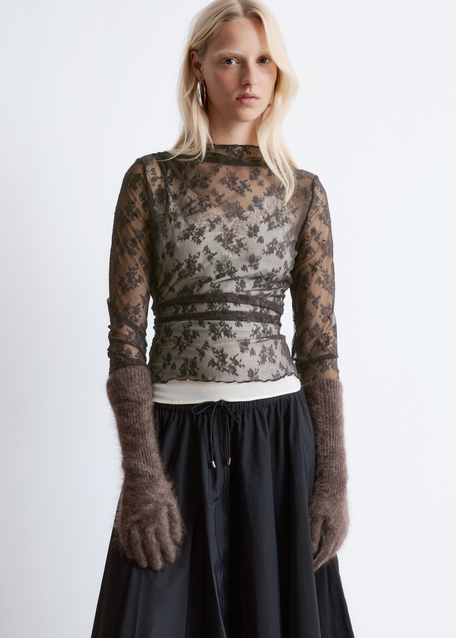 Knitted Brushed Cashmere Gloves - Σκούρο Καφέ/Cream