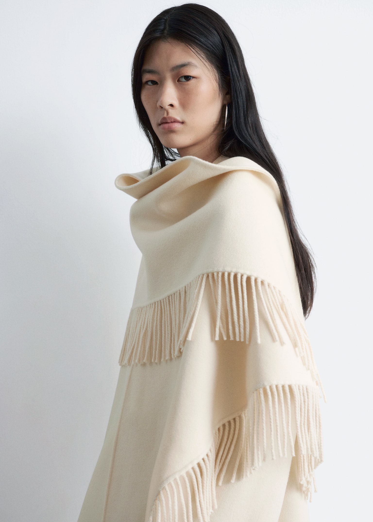 Fringed Shawl Wool Coat - Cream/Black - 8