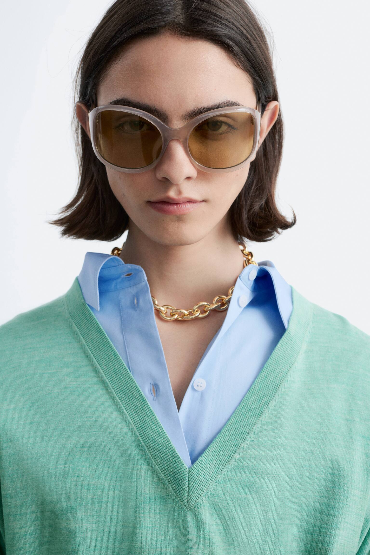 Camisola de lã merino com decote em V - Mescla turquesa claro/Verde caqui/Azul escuro - 3