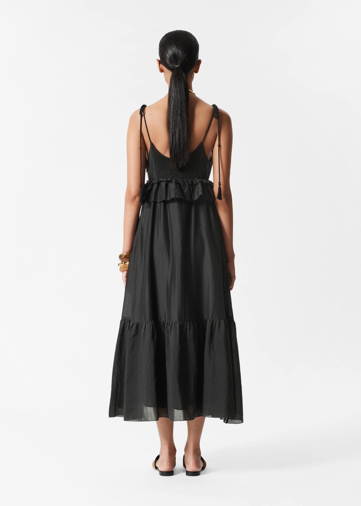 Rochie midi cu bretele subțiri - Negru/Bej/Geantă de plajă din paie cu detalii din piele/Portocaliu - 3