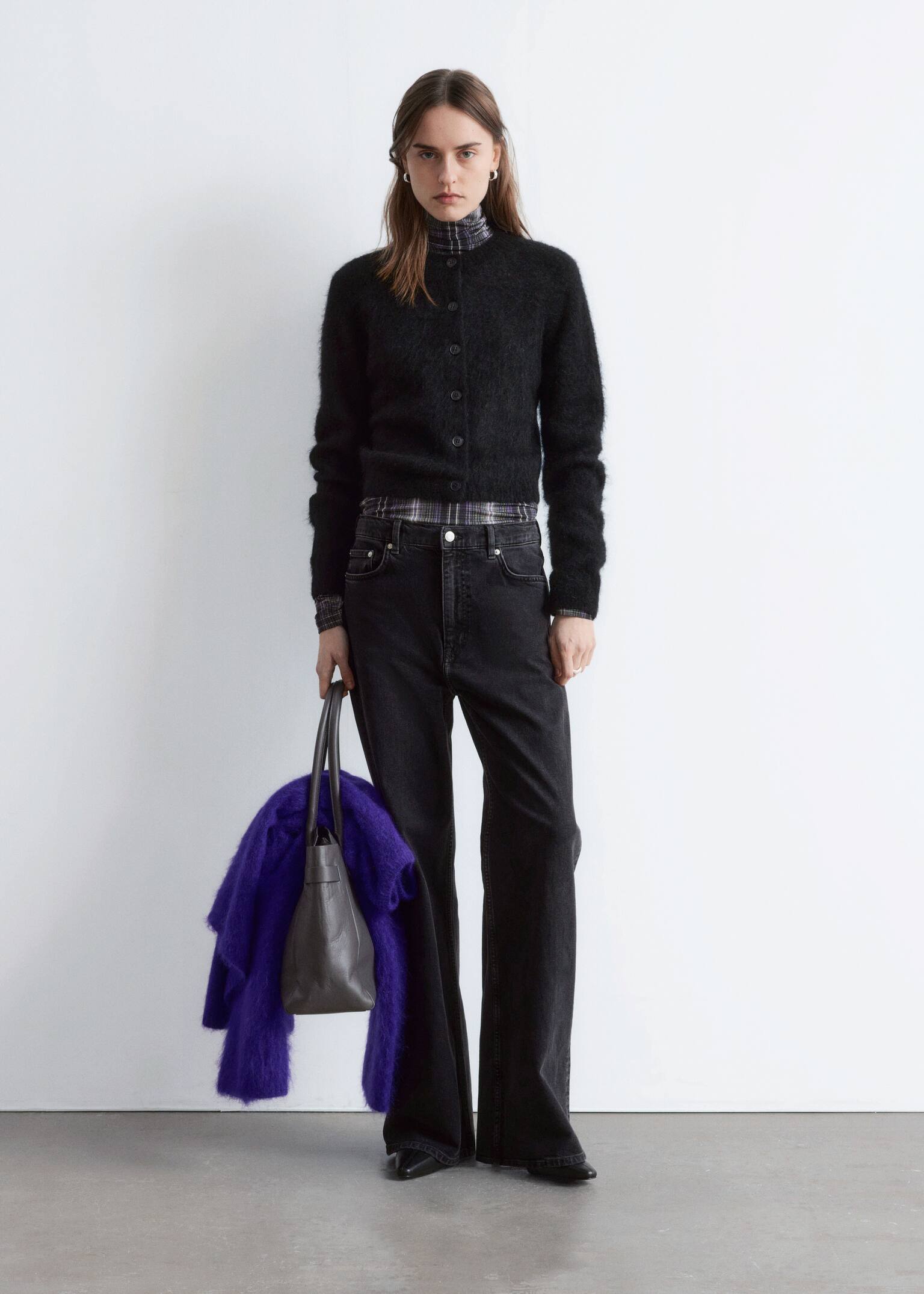 Cardigan i børstet mohairblend - Sort/Kamel/Fersken - 5