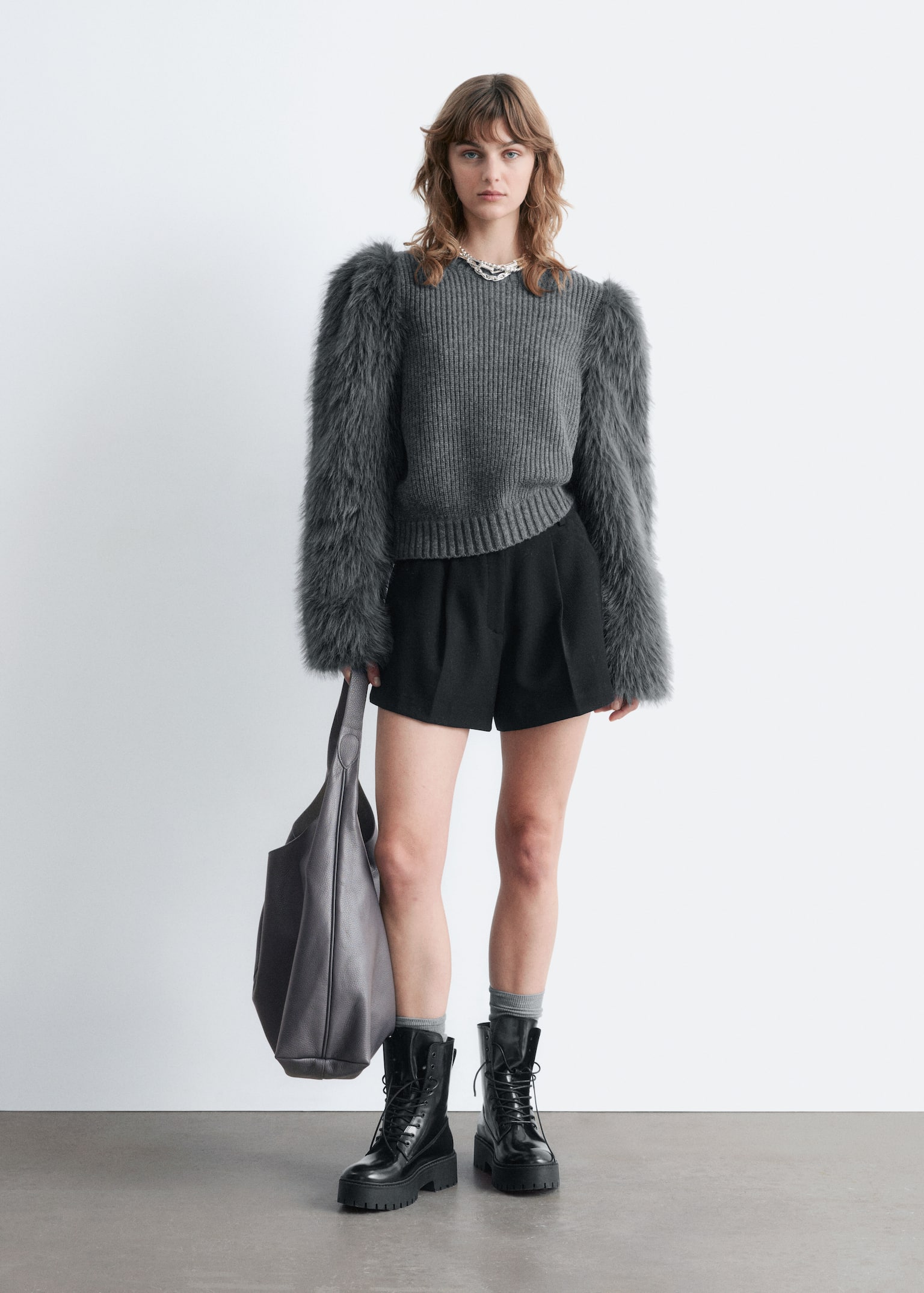 Faux Fur-Sleeve Wool Jumper - Dark Grey - 4