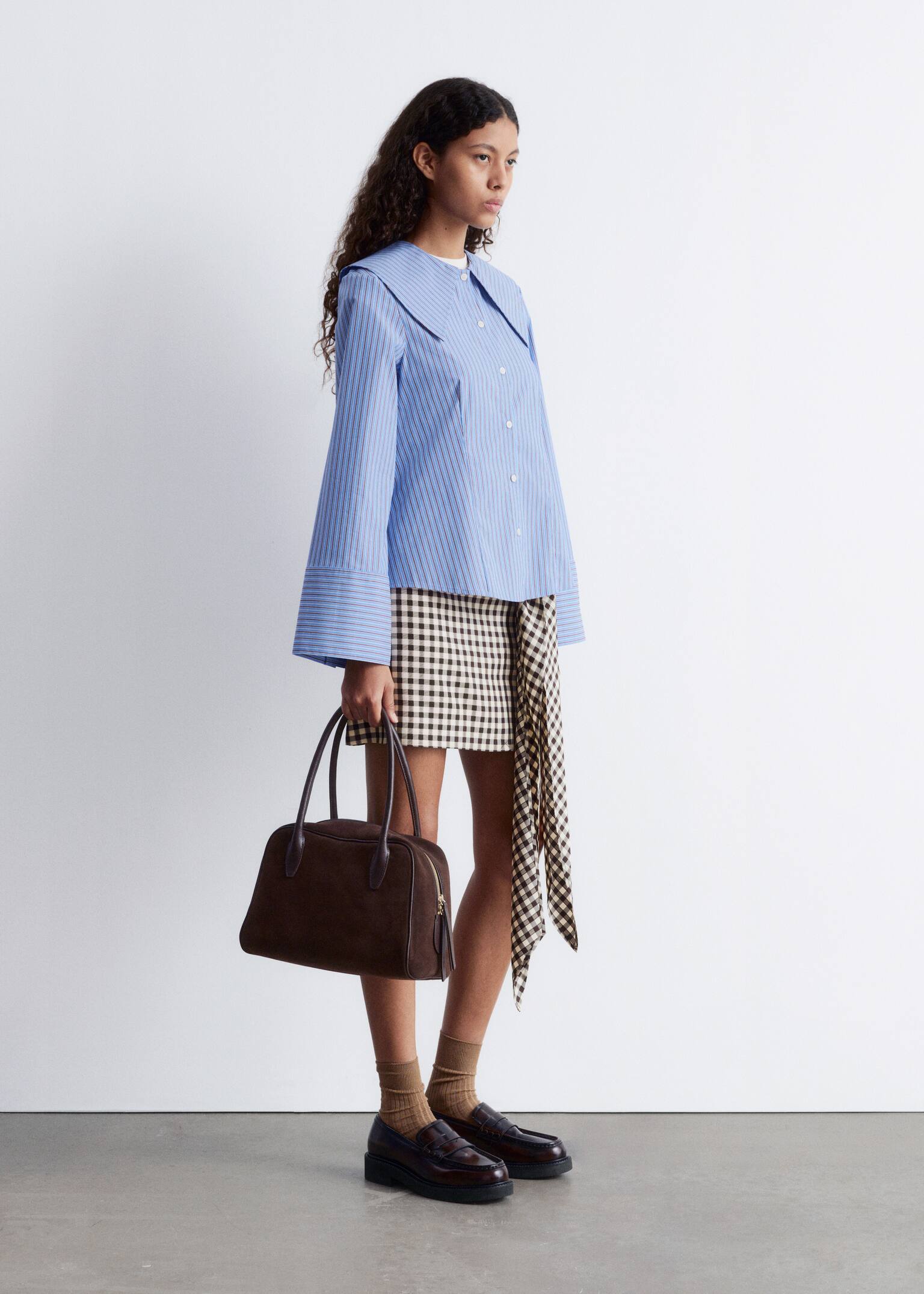 Oversized Collar Striped Shirt - Blue/Brown Stripes - 7
