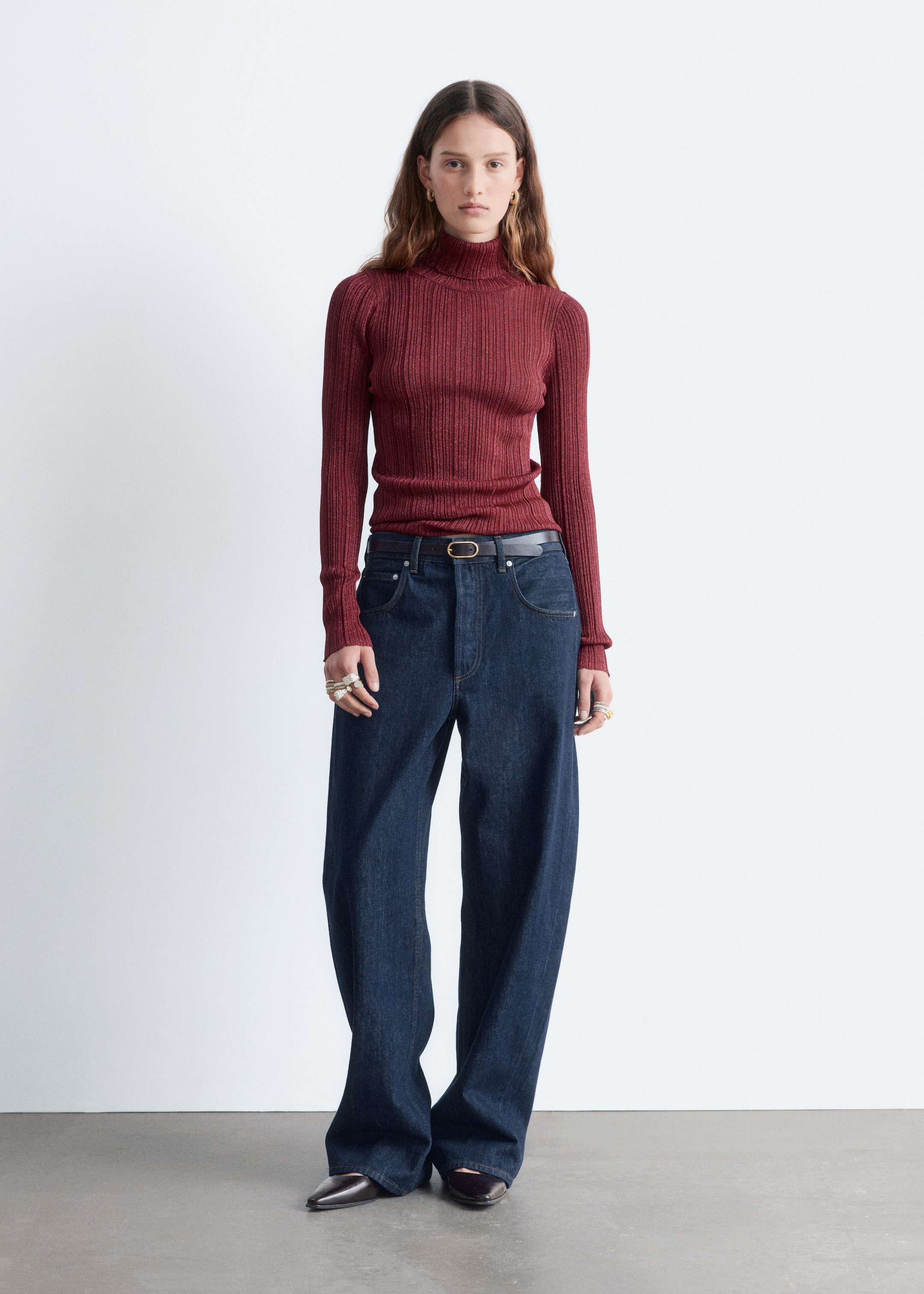 Visa större bild: Ribbstickad lurexpolo - Mörkröd - DAM | H&M FI 3