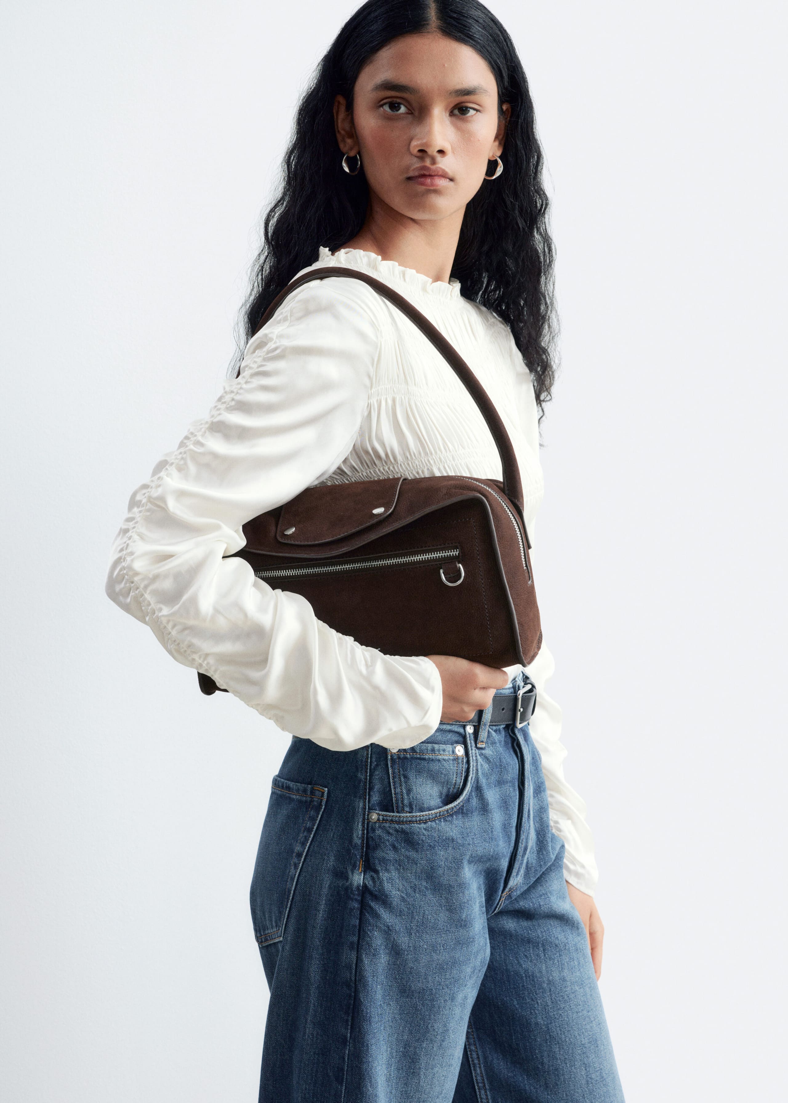 Curved Leather Bag - Dark Brown - Lookbook