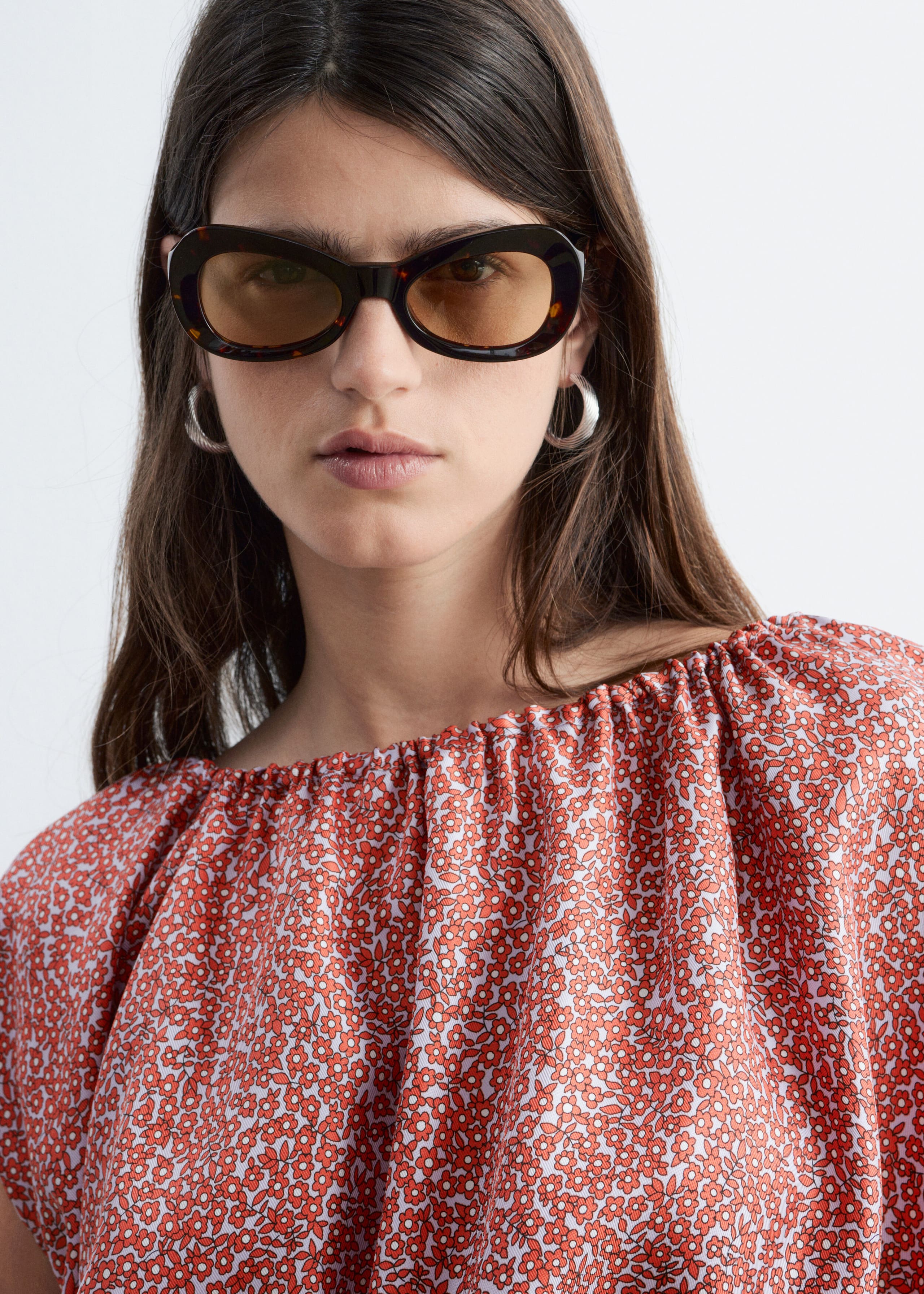 Printed Drawstring Silk Top - Muted Red/Florals - Lookbook