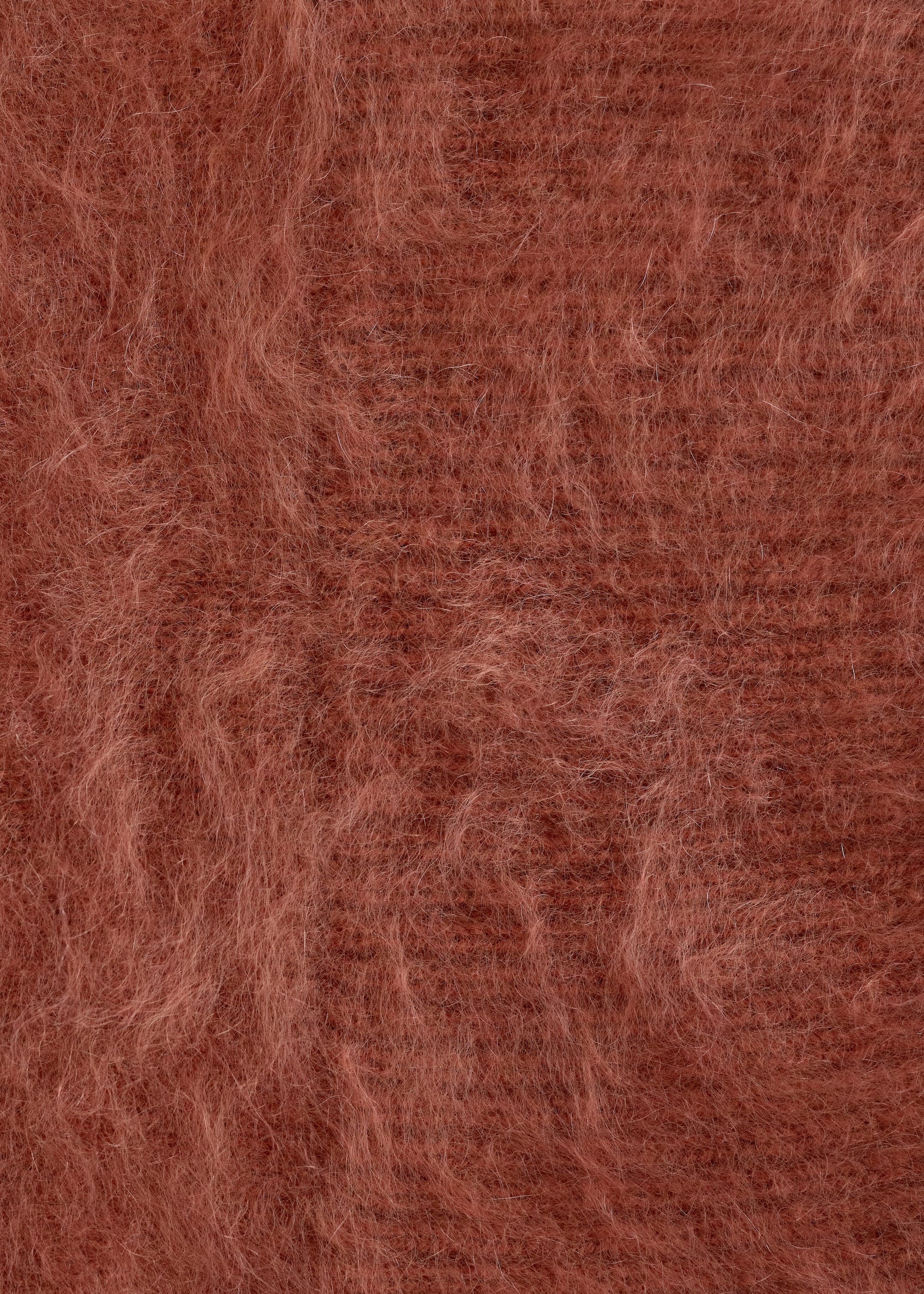 Ingrandisci l'immagine: Un tessuto marrone-rossastro presenta una trama densa e lanuginosa con numerose fibre individuali che sporgono dalla superficie.