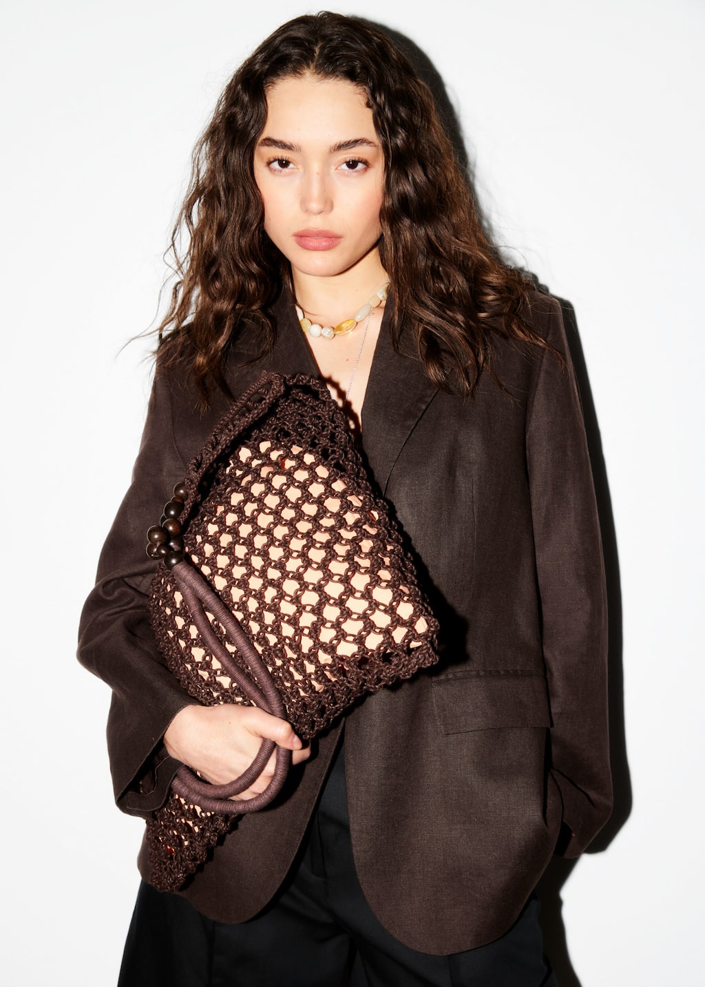 Bead-Detail Crocheted Tote Bag - Dark Brown - Lookbook
