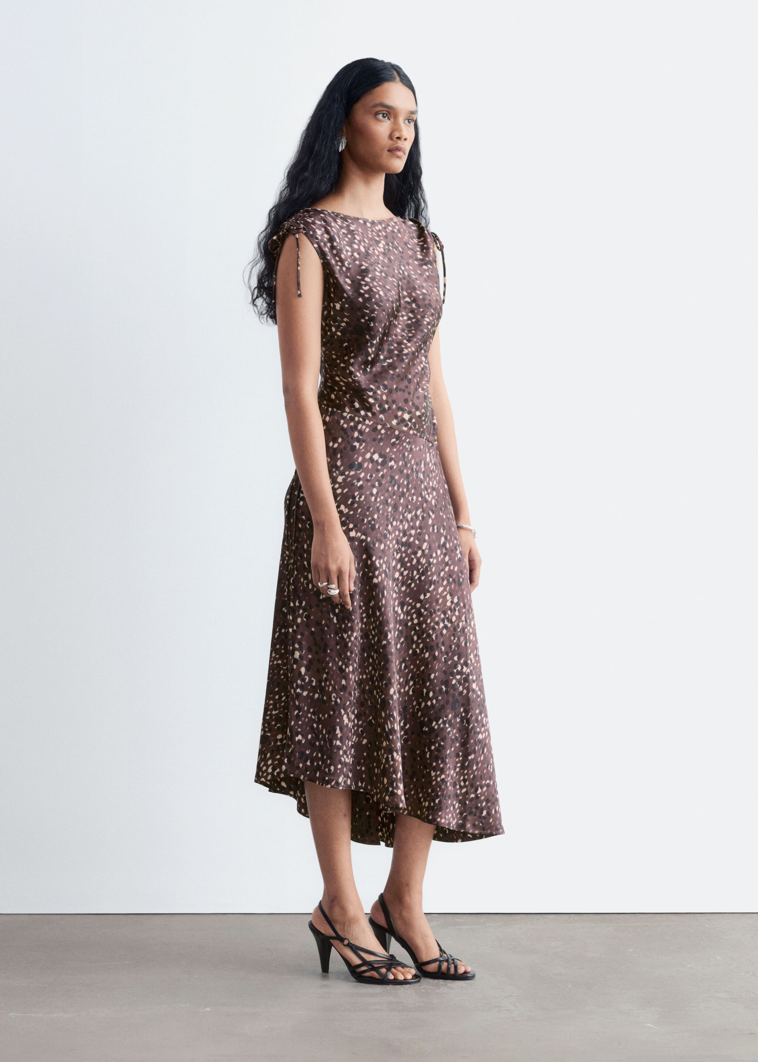Asymmetric Satin Dress Dark Brown/Print